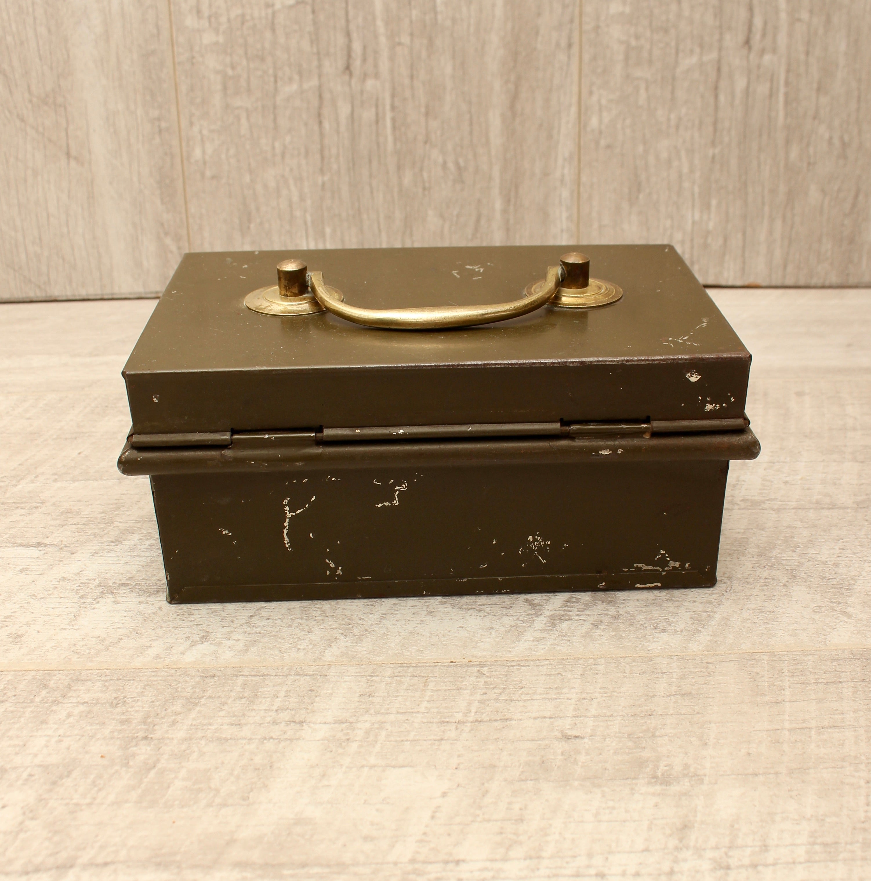 Vintage Khaki Green Metal Cash Box with Key - Made in England Industrial Document Tin