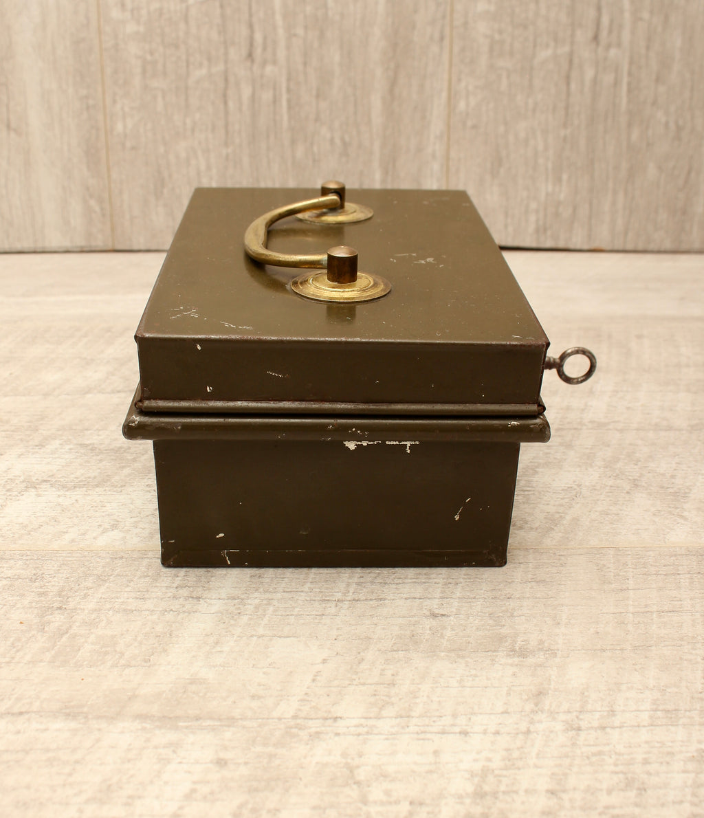 Vintage Khaki Green Metal Cash Box with Key - Made in England Industrial Document Tin