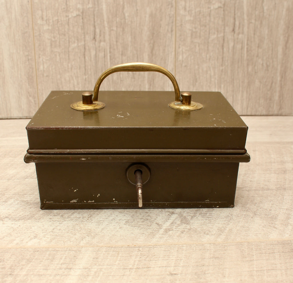 Vintage Khaki Green Metal Cash Box with Key - Made in England Industrial Document Tin