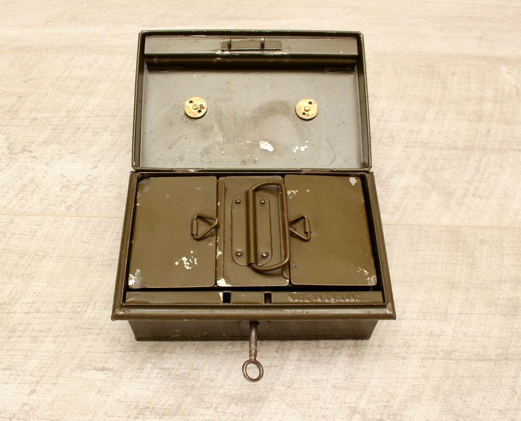 Vintage Khaki Green Metal Cash Box with Key - Made in England Industrial Document Tin