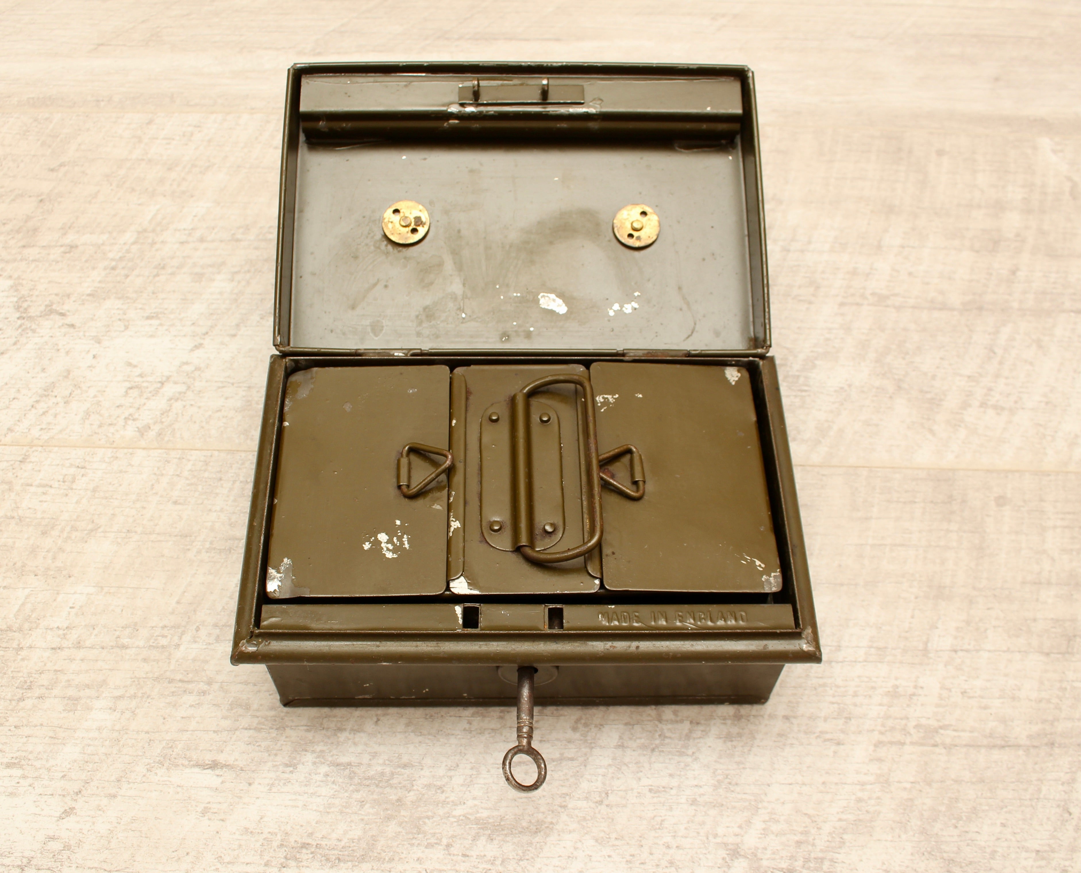 Vintage Khaki Green Metal Cash Box with Key - Made in England Industrial Document Tin