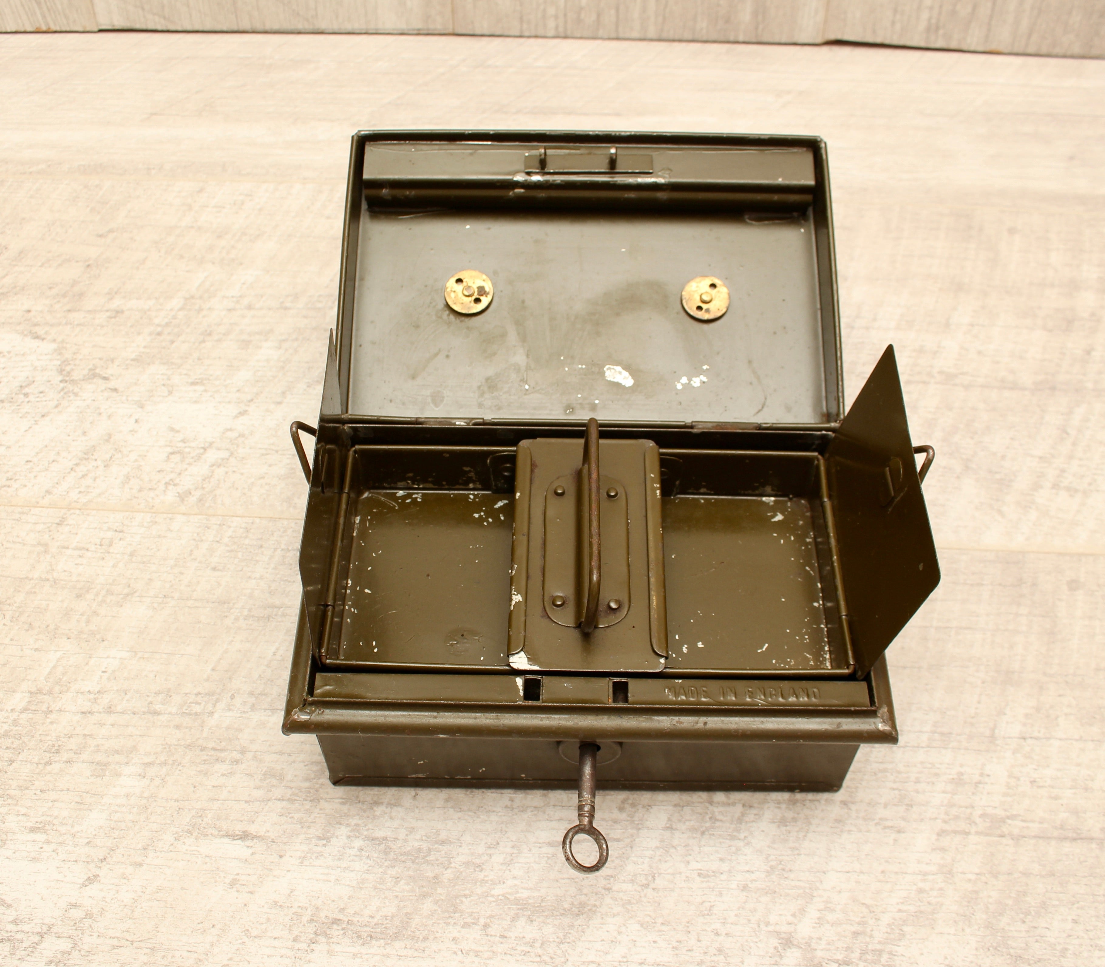Vintage Khaki Green Metal Cash Box with Key - Made in England Industrial Document Tin