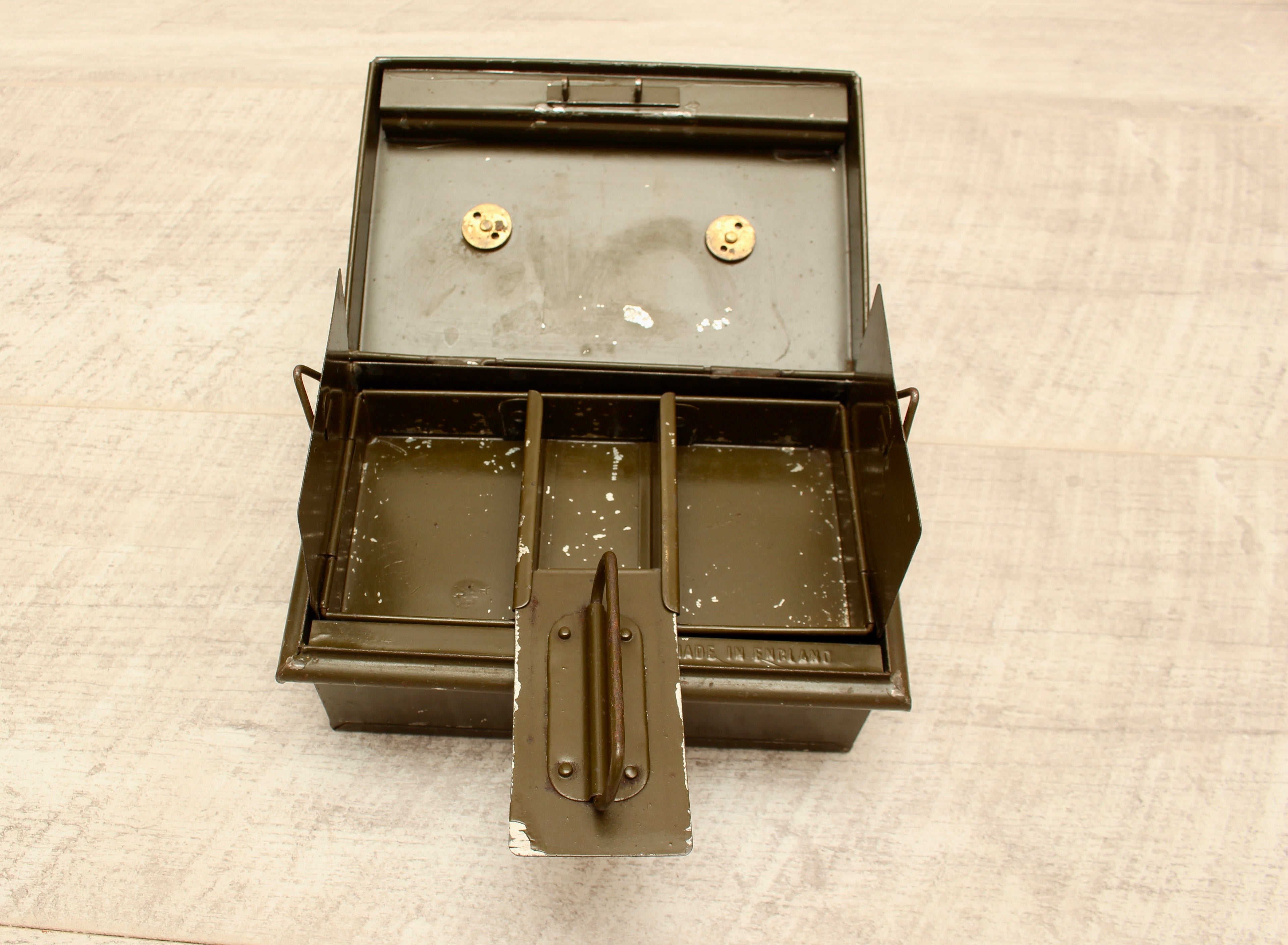 Vintage Khaki Green Metal Cash Box with Key - Made in England Industrial Document Tin