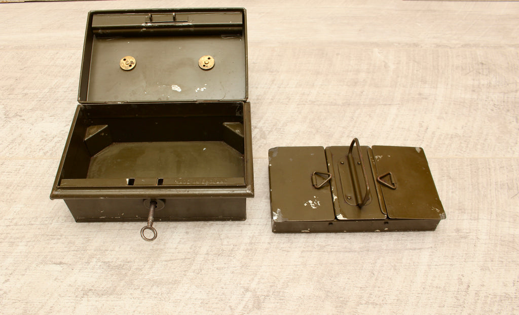 Vintage Khaki Green Metal Cash Box with Key - Made in England Industrial Document Tin