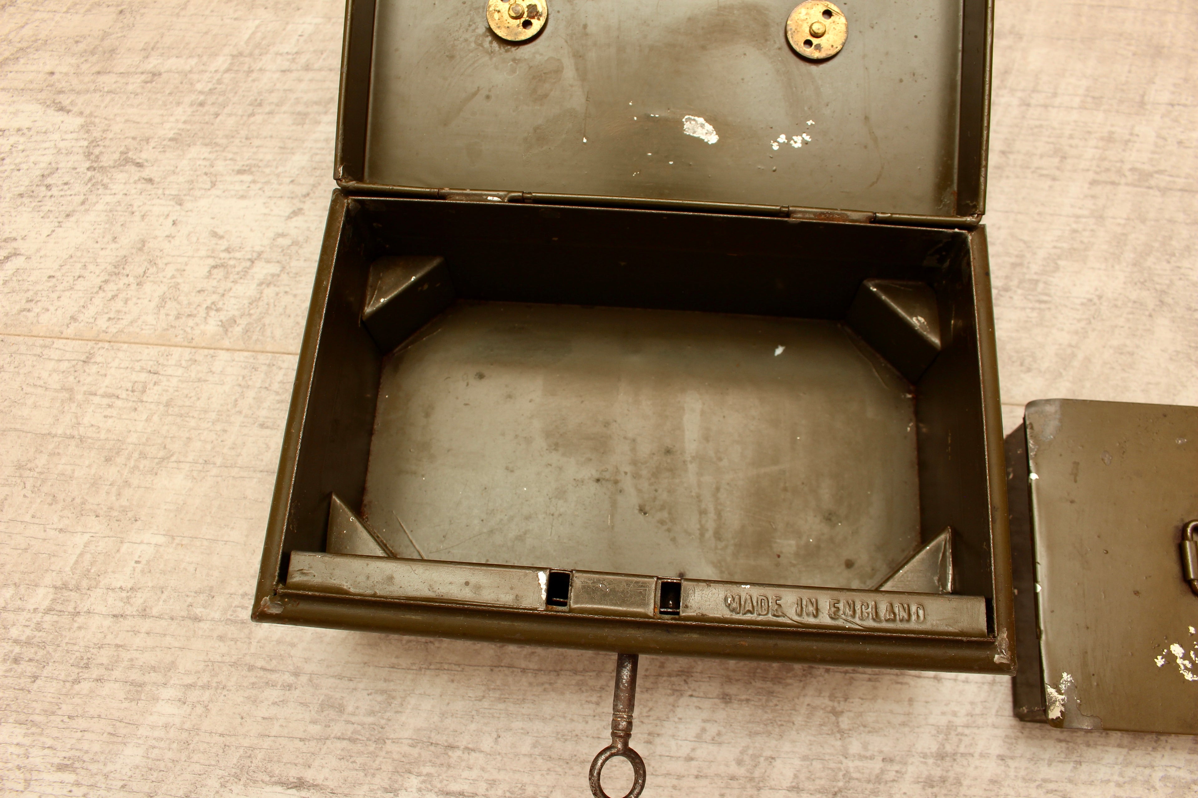 Vintage Khaki Green Metal Cash Box with Key - Made in England Industrial Document Tin