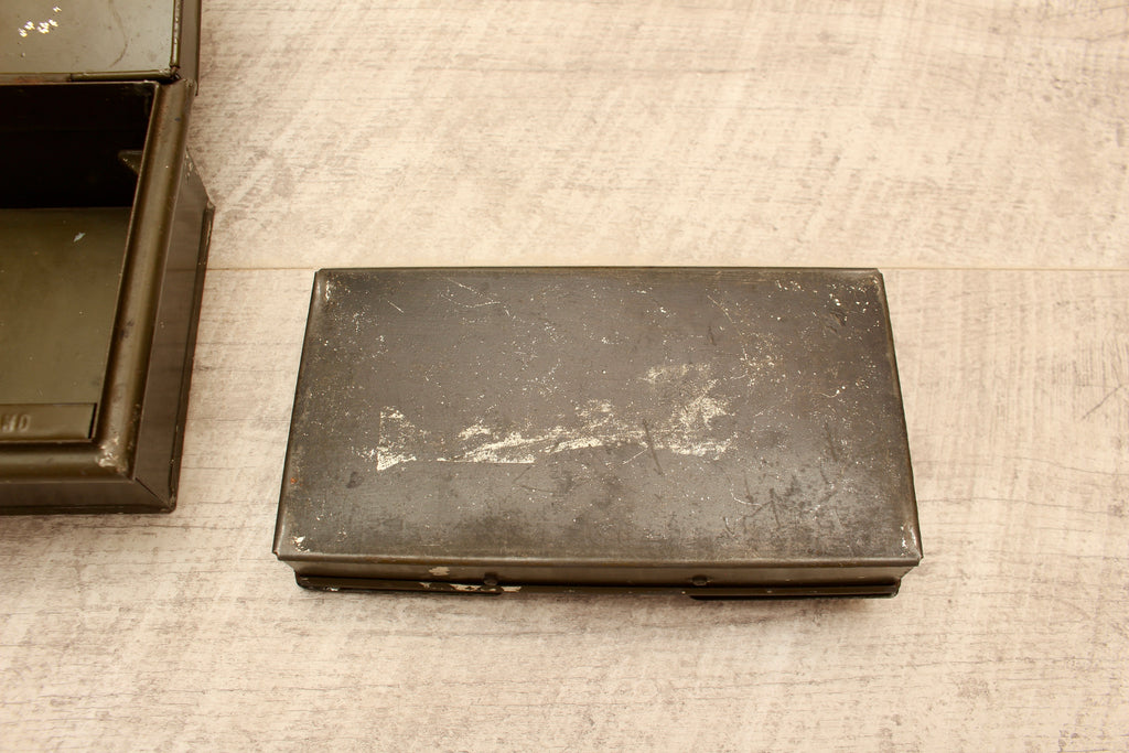 Vintage Khaki Green Metal Cash Box with Key - Made in England Industrial Document Tin