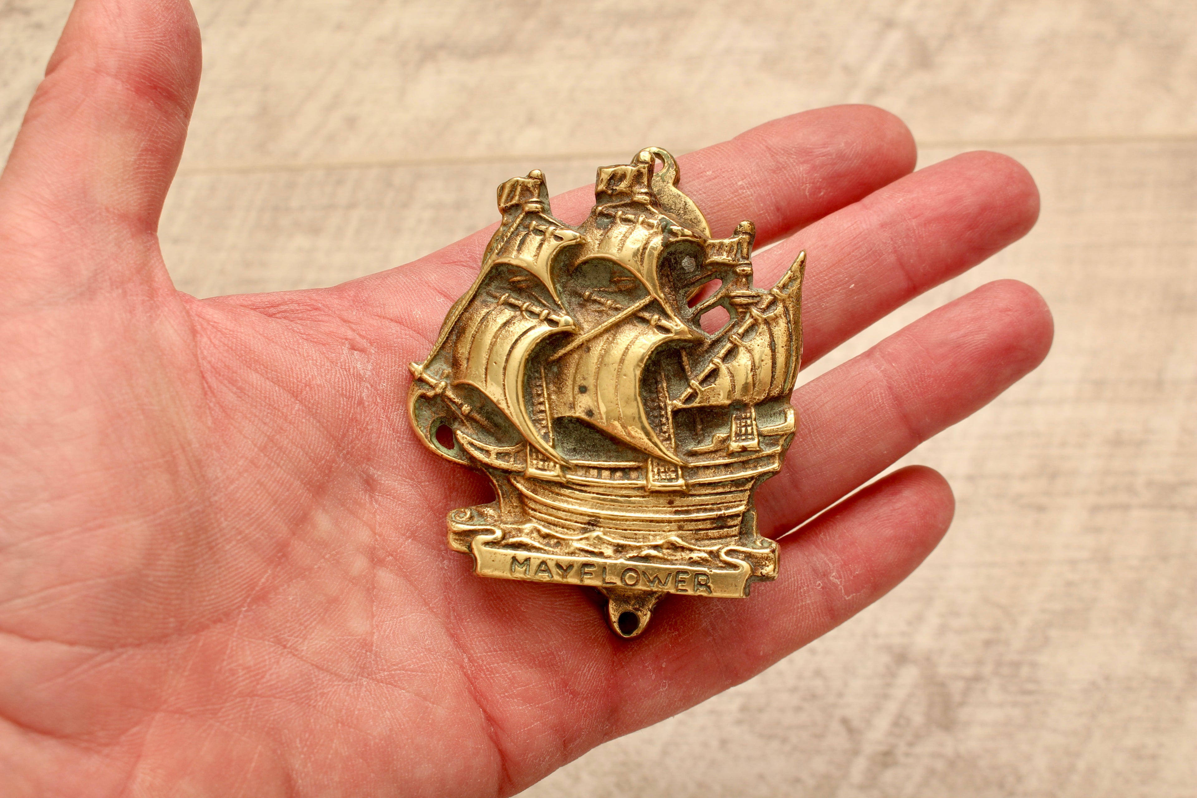 Vintage Cast Brass Mayflower Ship Door Knocker - Antique Style Maritime Hardware