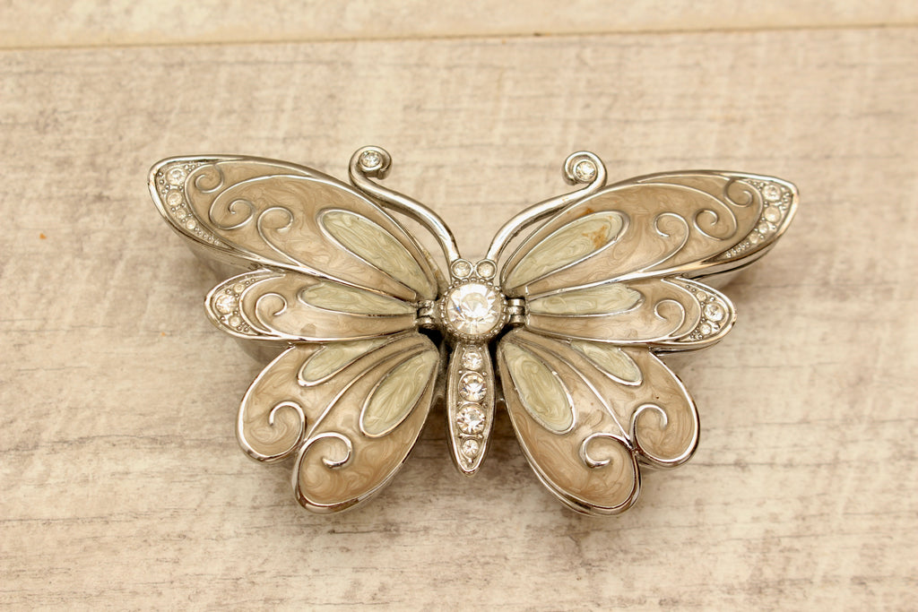 Enamelled Butterfly Trinket Box - Silver Tone Rhinestone Pill Organizer