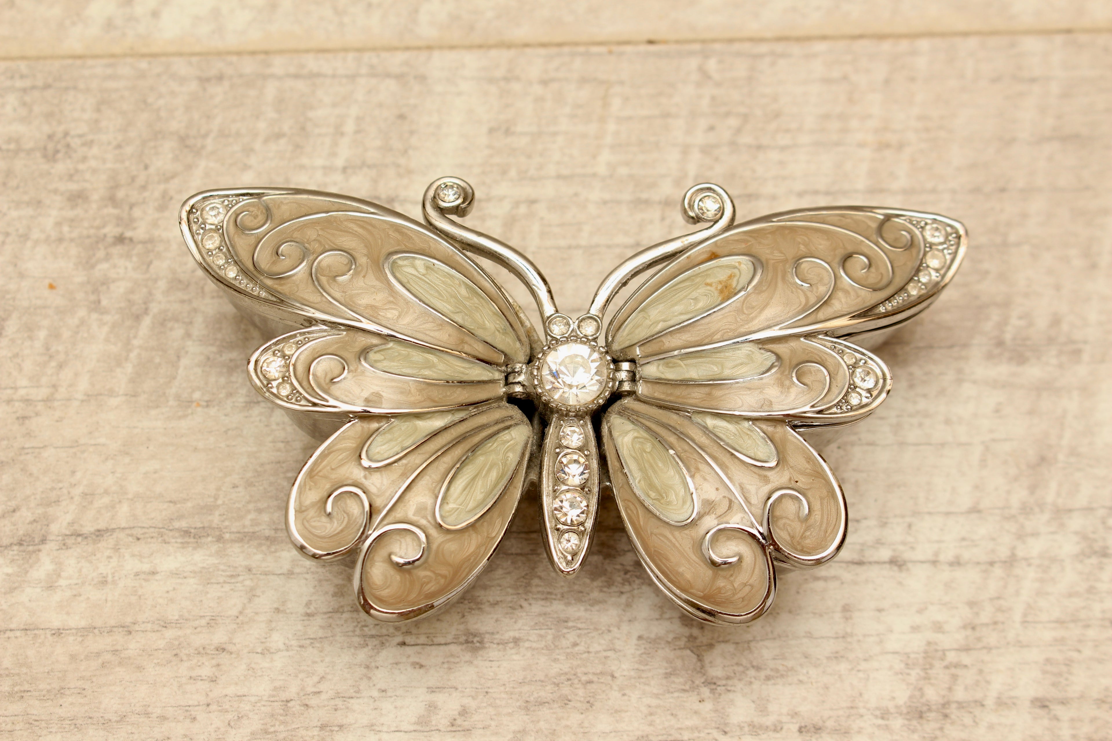 Enamelled Butterfly Trinket Box - Silver Tone Rhinestone Pill Organizer