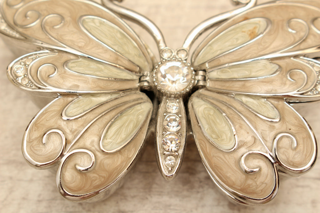 Enamelled Butterfly Trinket Box - Silver Tone Rhinestone Pill Organizer