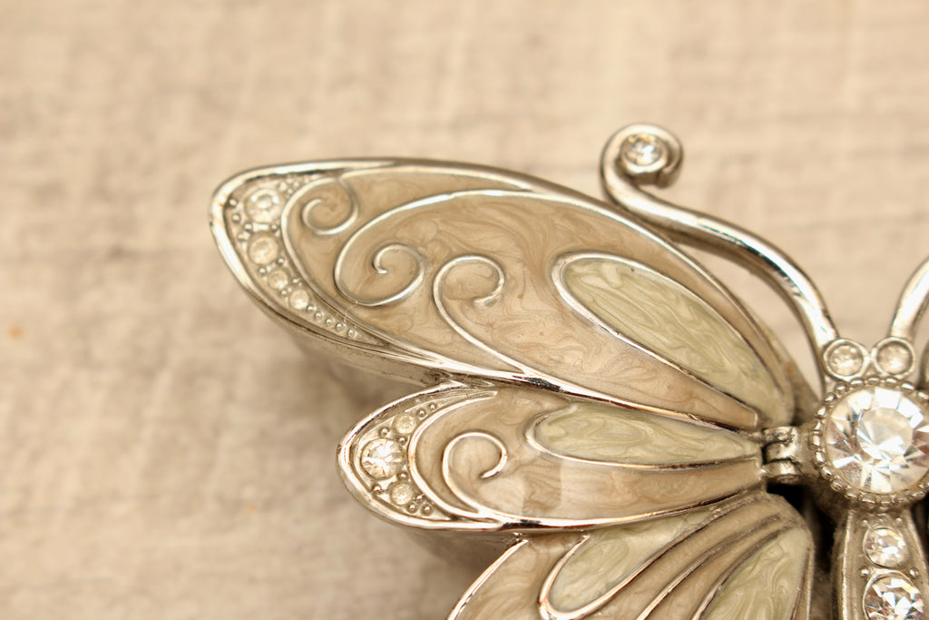 Enamelled Butterfly Trinket Box - Silver Tone Rhinestone Pill Organizer