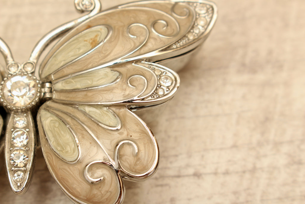 Enamelled Butterfly Trinket Box - Silver Tone Rhinestone Pill Organizer