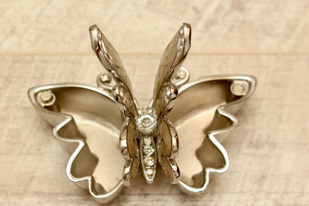Enamelled Butterfly Trinket Box - Silver Tone Rhinestone Pill Organizer