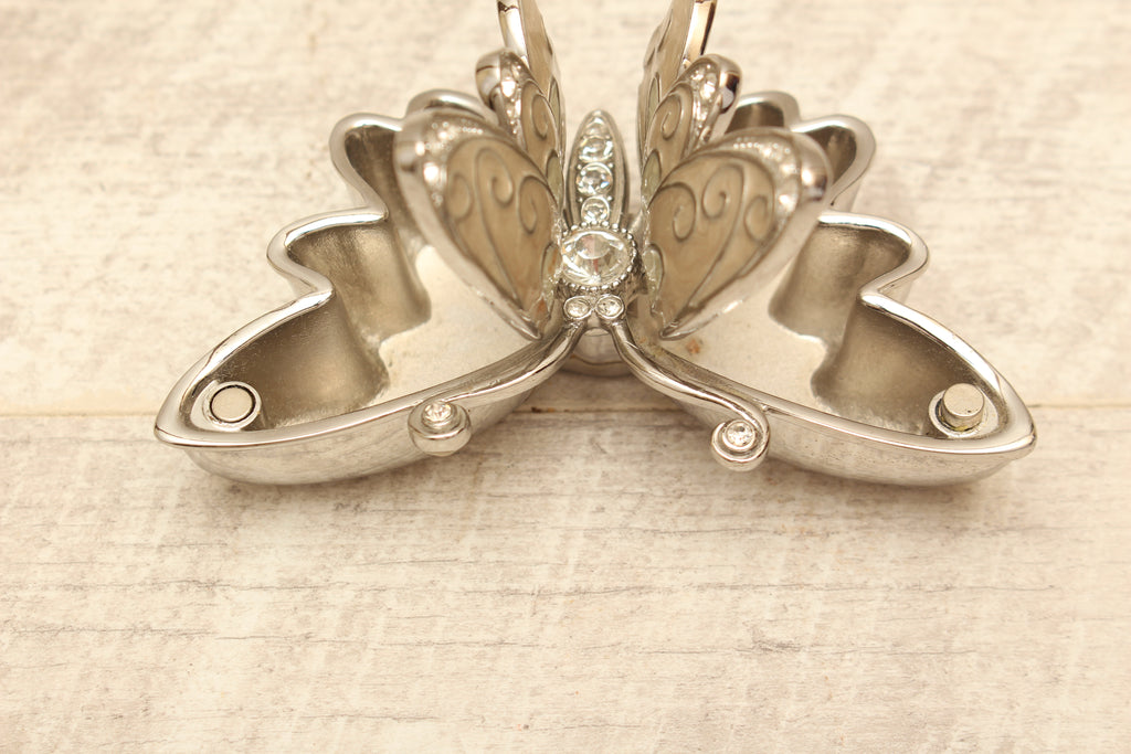 Enamelled Butterfly Trinket Box - Silver Tone Rhinestone Pill Organizer