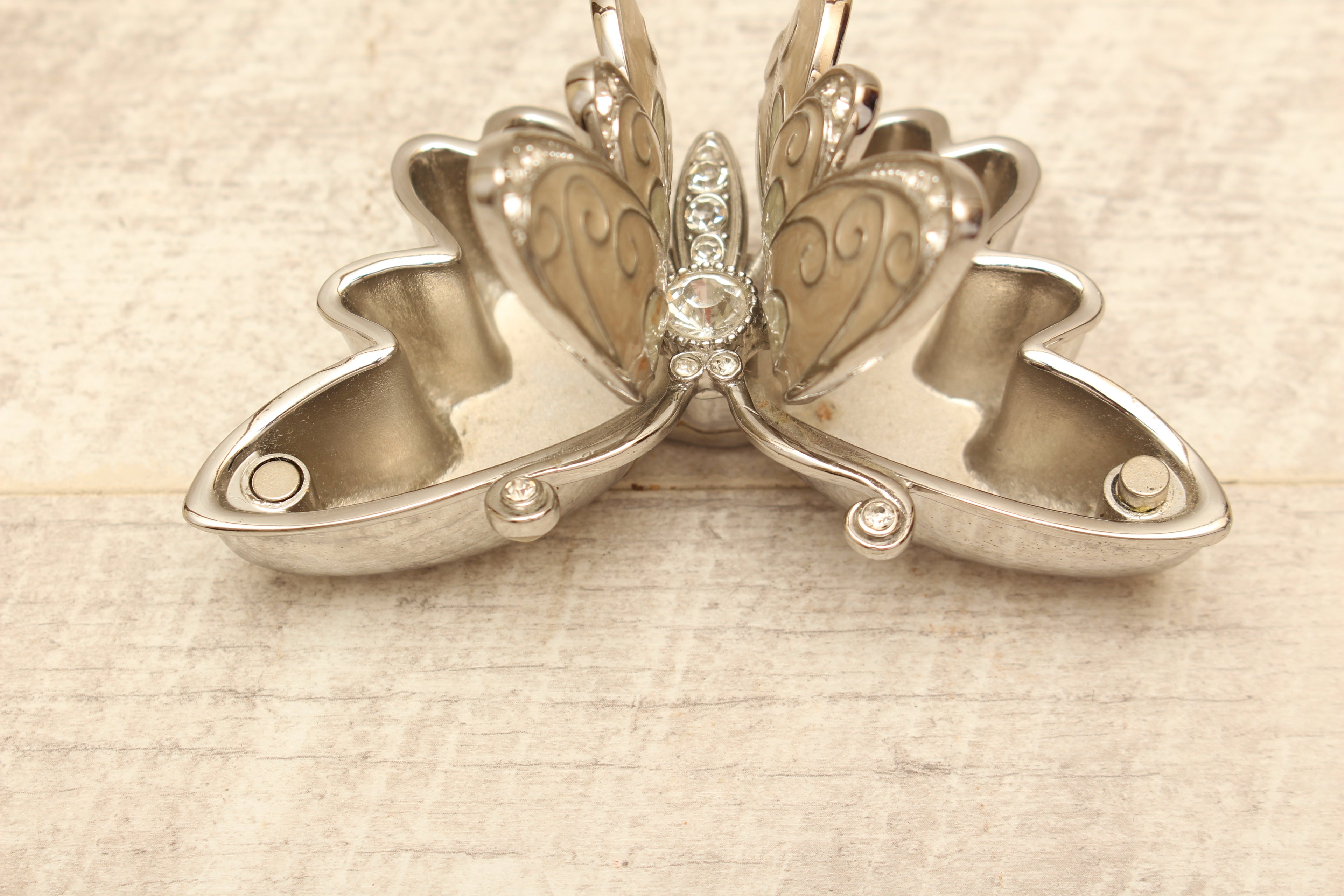 Enamelled Butterfly Trinket Box - Silver Tone Rhinestone Pill Organizer
