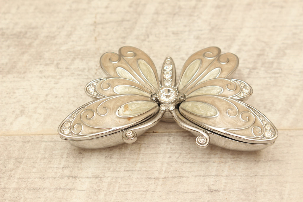 Enamelled Butterfly Trinket Box - Silver Tone Rhinestone Pill Organizer