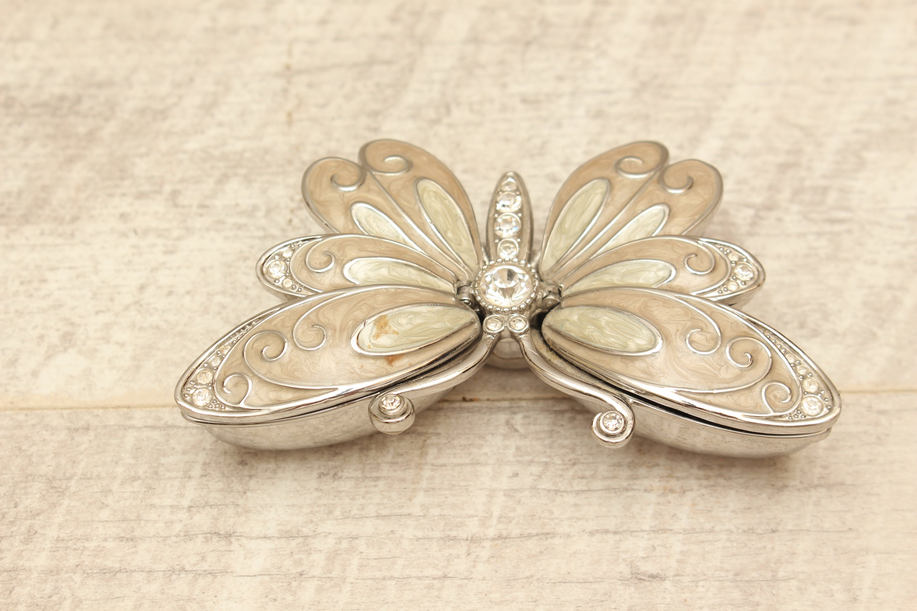 Enamelled Butterfly Trinket Box - Silver Tone Rhinestone Pill Organizer