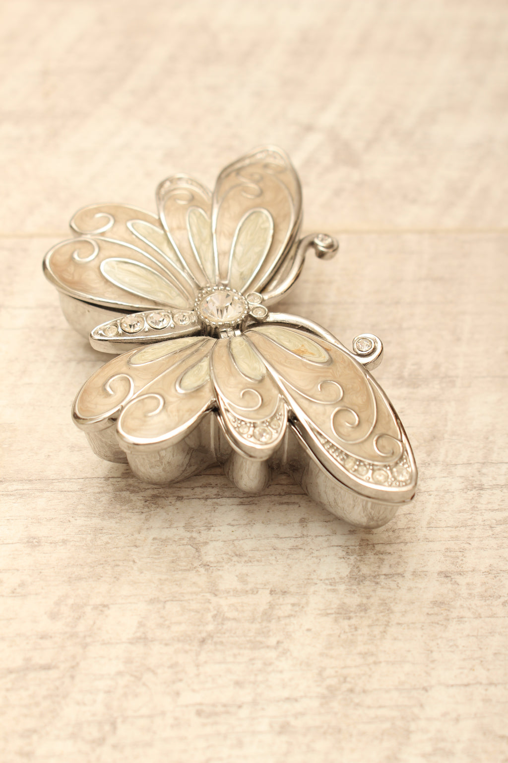 Enamelled Butterfly Trinket Box - Silver Tone Rhinestone Pill Organizer