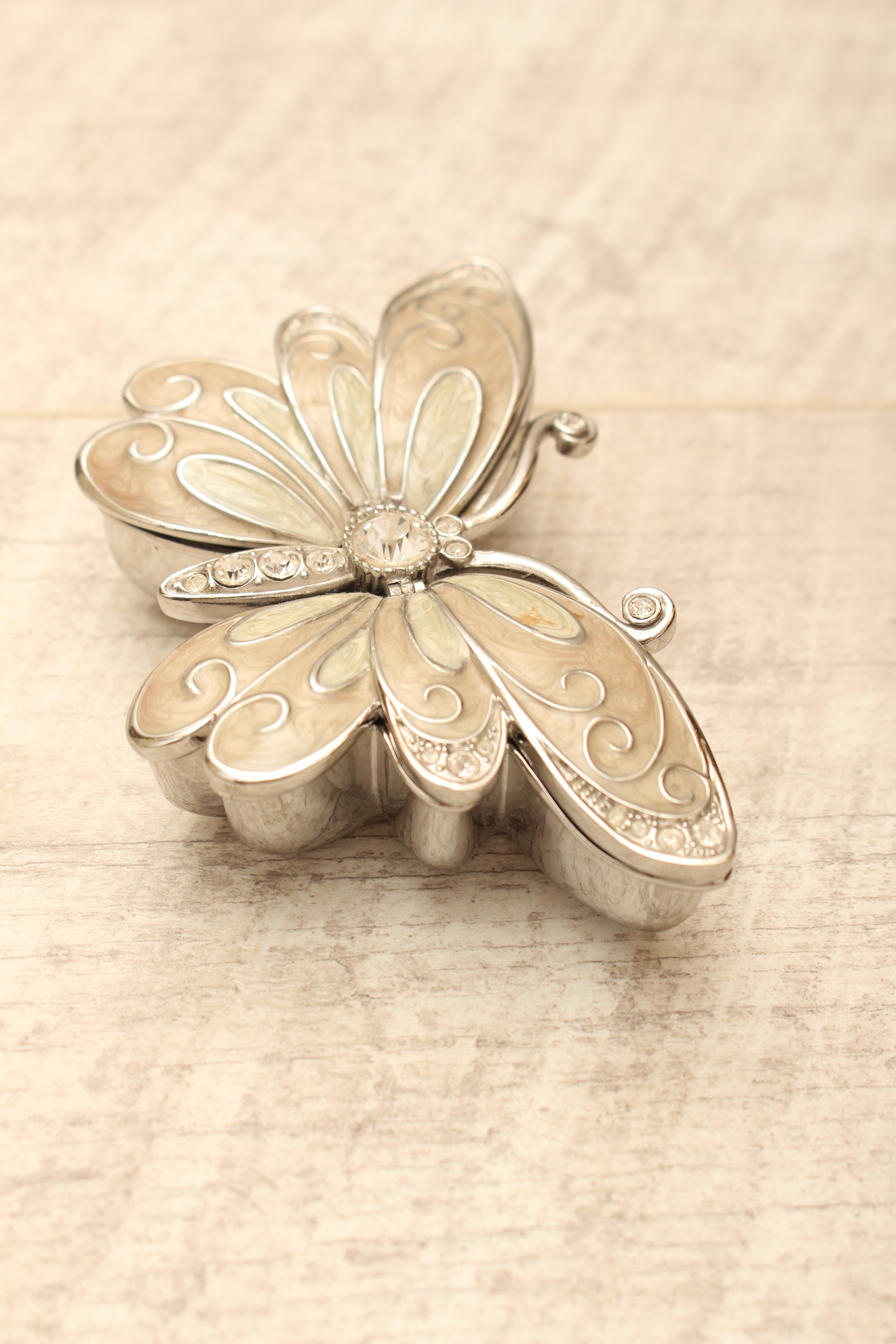 Enamelled Butterfly Trinket Box - Silver Tone Rhinestone Pill Organizer
