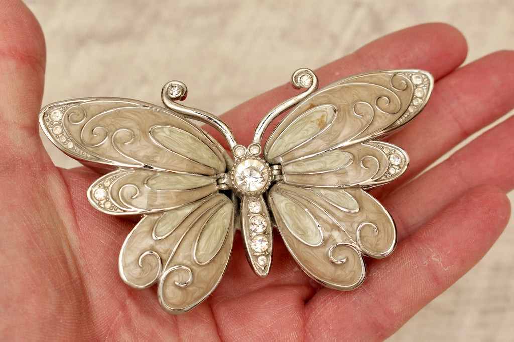 Enamelled Butterfly Trinket Box - Silver Tone Rhinestone Pill Organizer