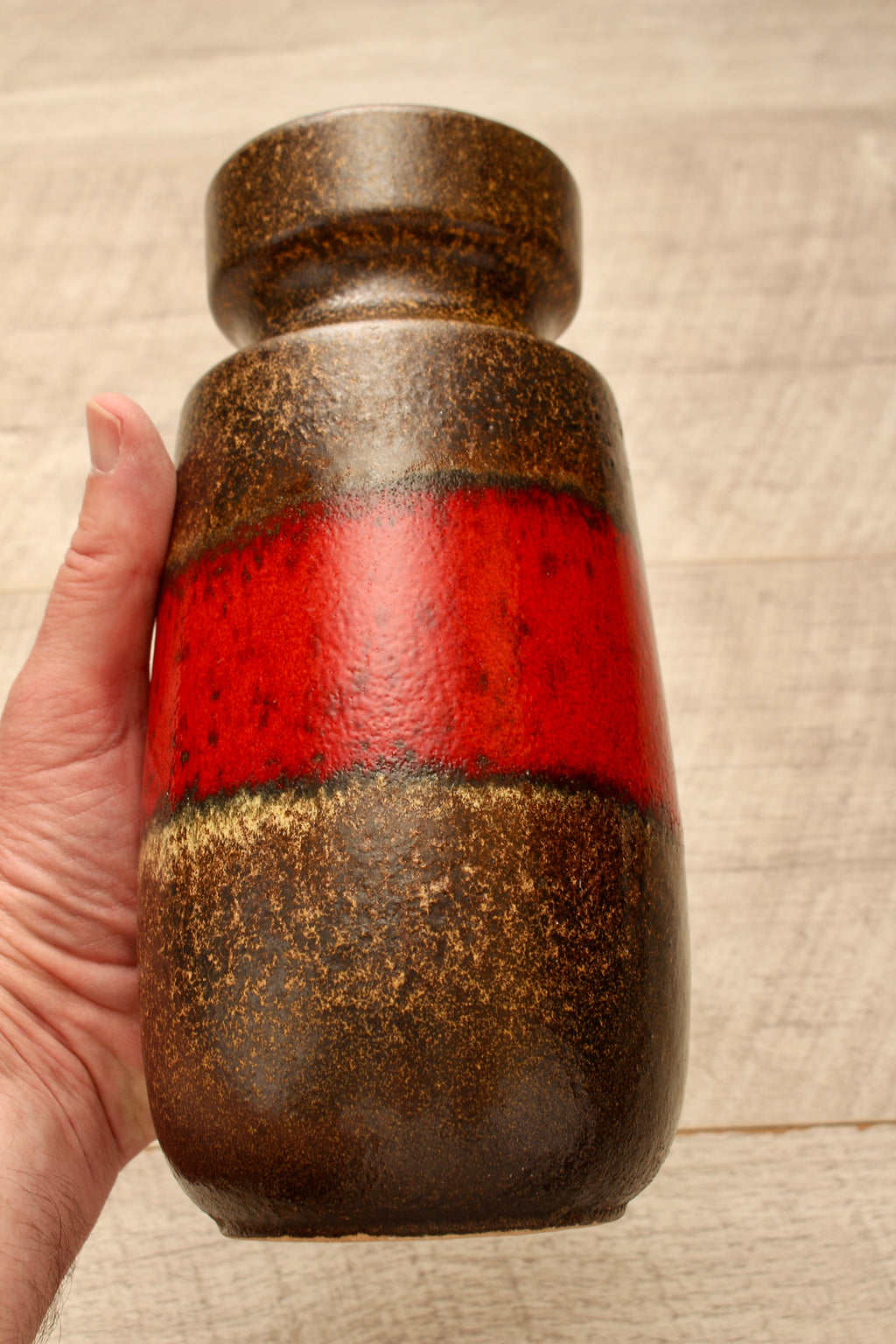 Vintage Scheurich 242-22 West German Pottery Vase - Mid-Century Red & Brown Banded Ceramic