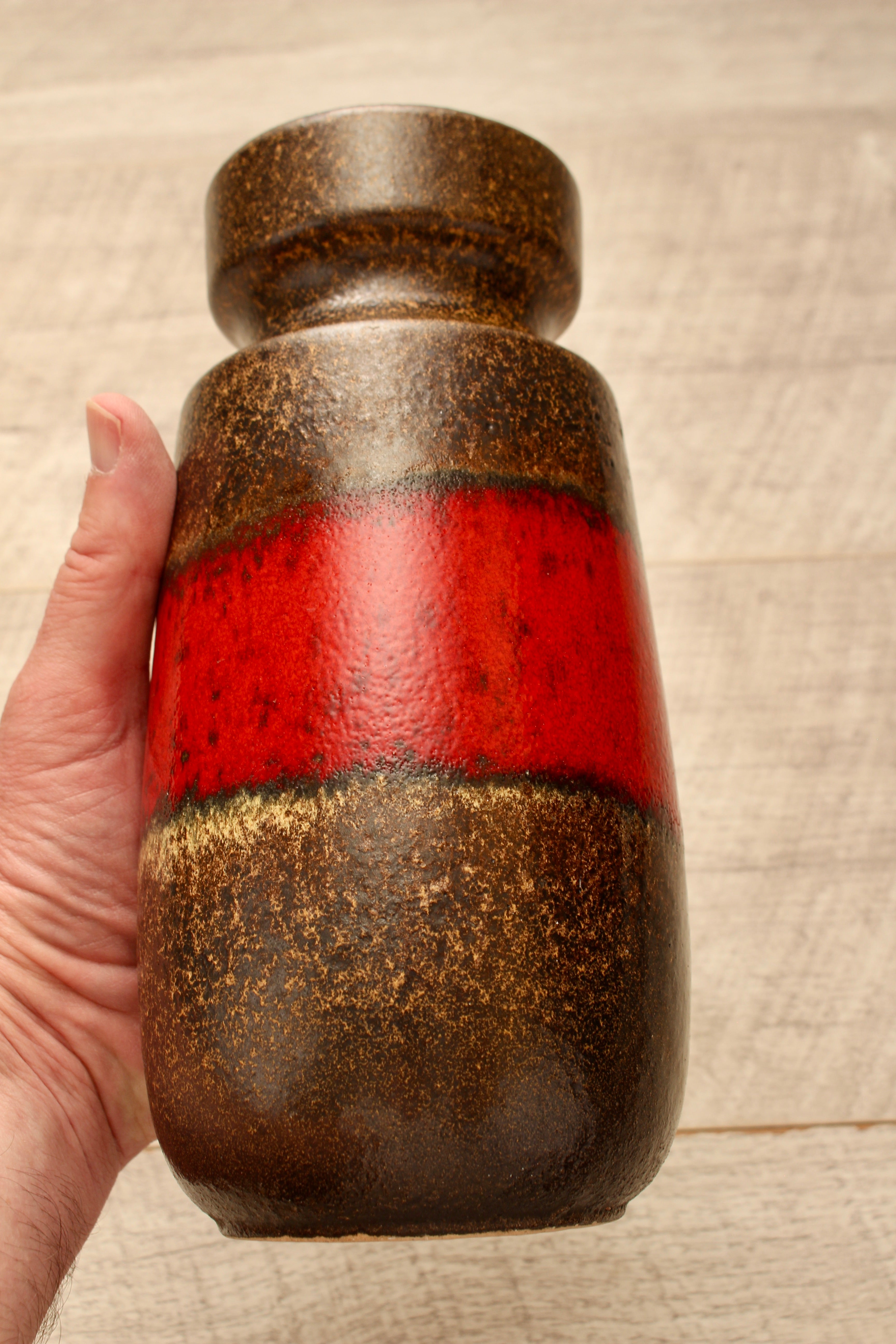 Vintage Scheurich 242-22 West German Pottery Vase - Mid-Century Red & Brown Banded Ceramic