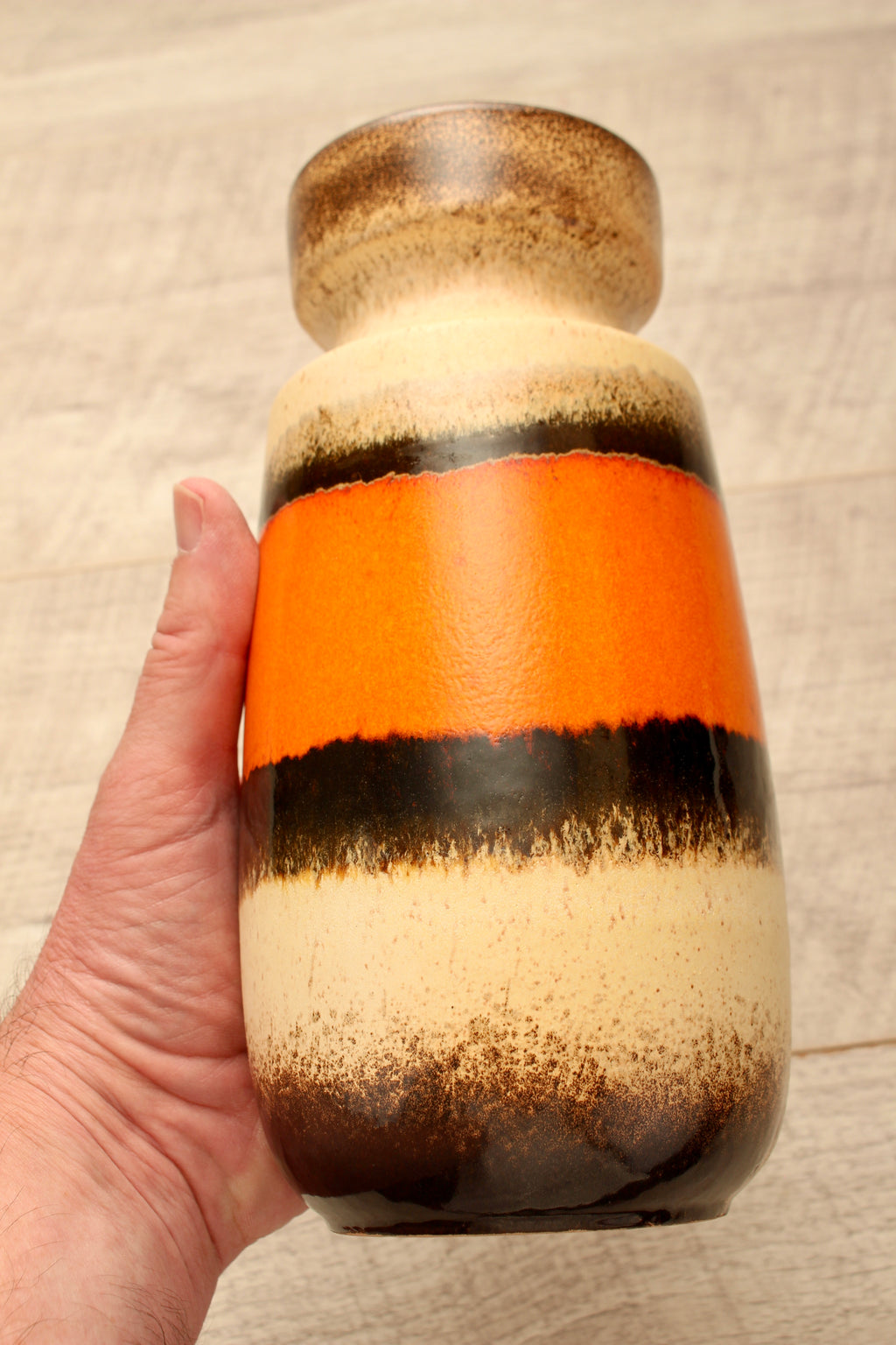 Vintage Scheurich 242-22 West German Pottery Vase - Mid-Century Orange & Cream Banded Ceramic