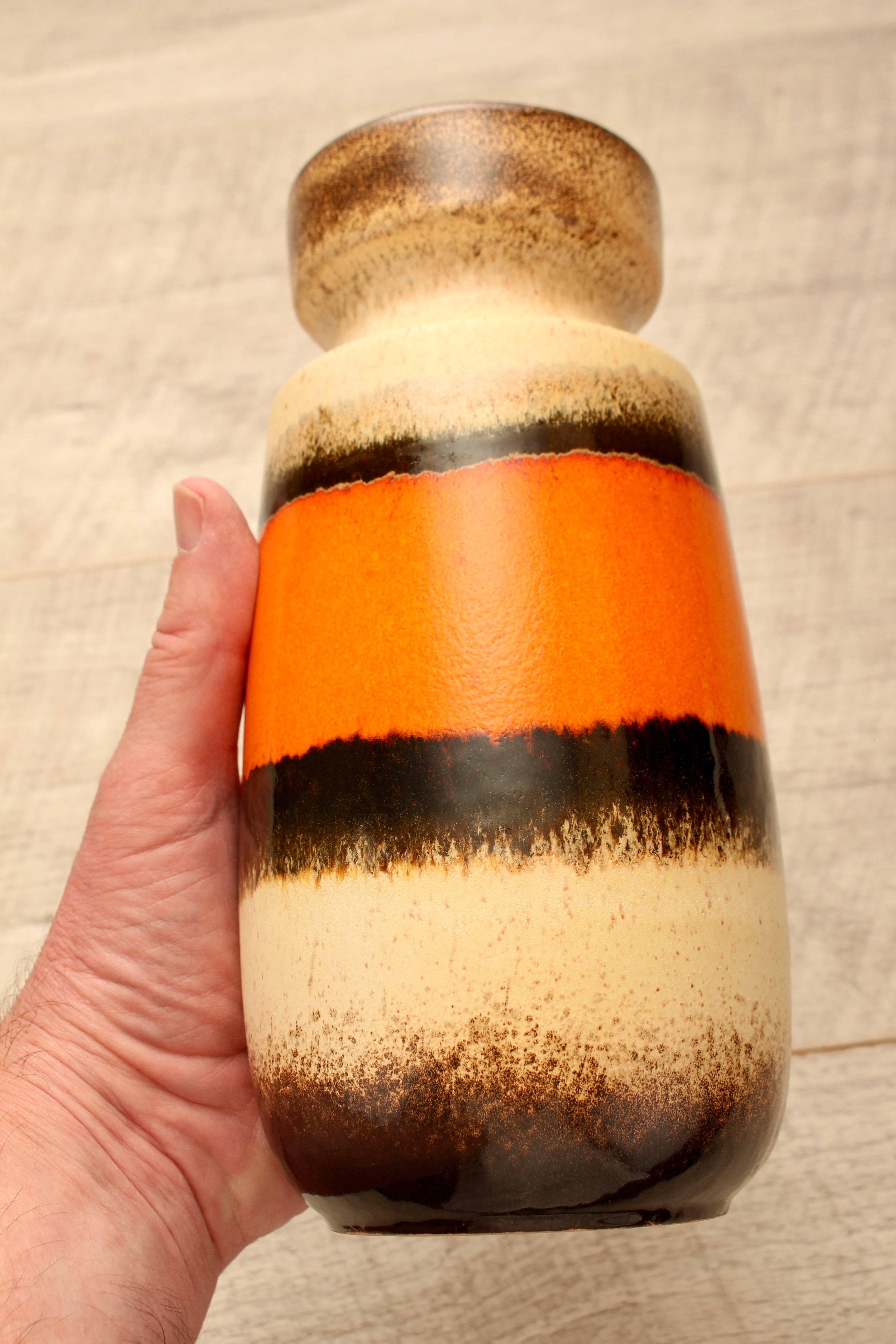 Vintage Scheurich 242-22 West German Pottery Vase - Mid-Century Orange & Cream Banded Ceramic