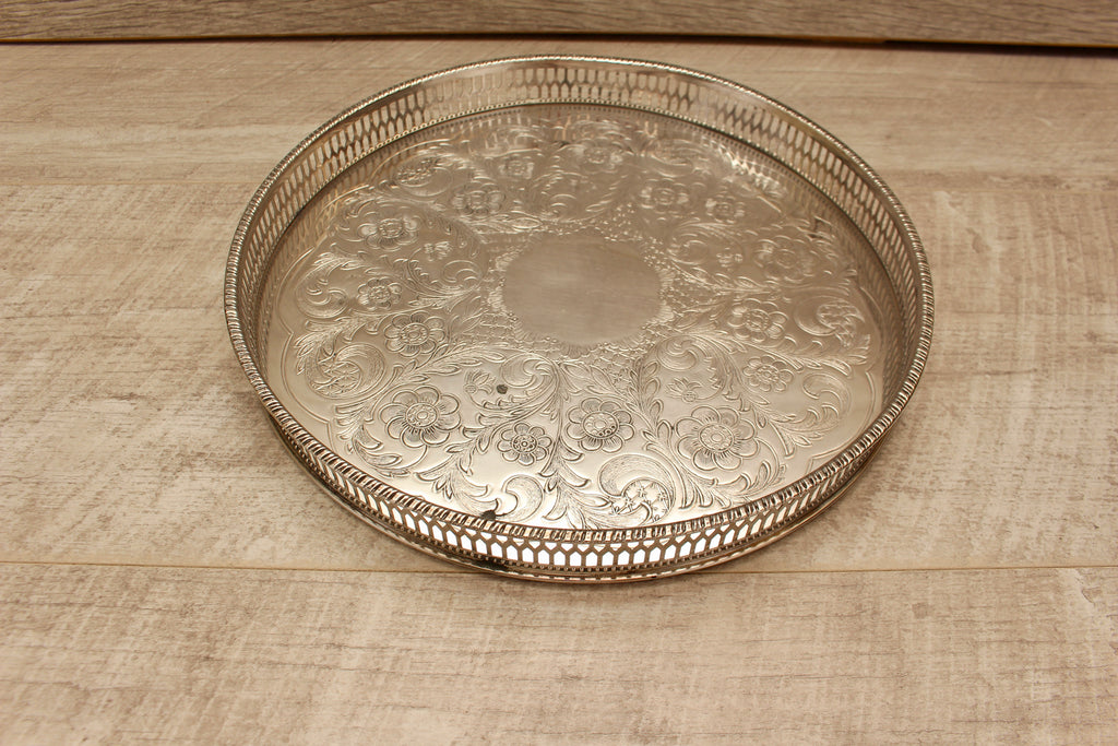 Vintage Viners of Sheffield Alpha Plate Gallery Tray Floral Chased Drinks Salver