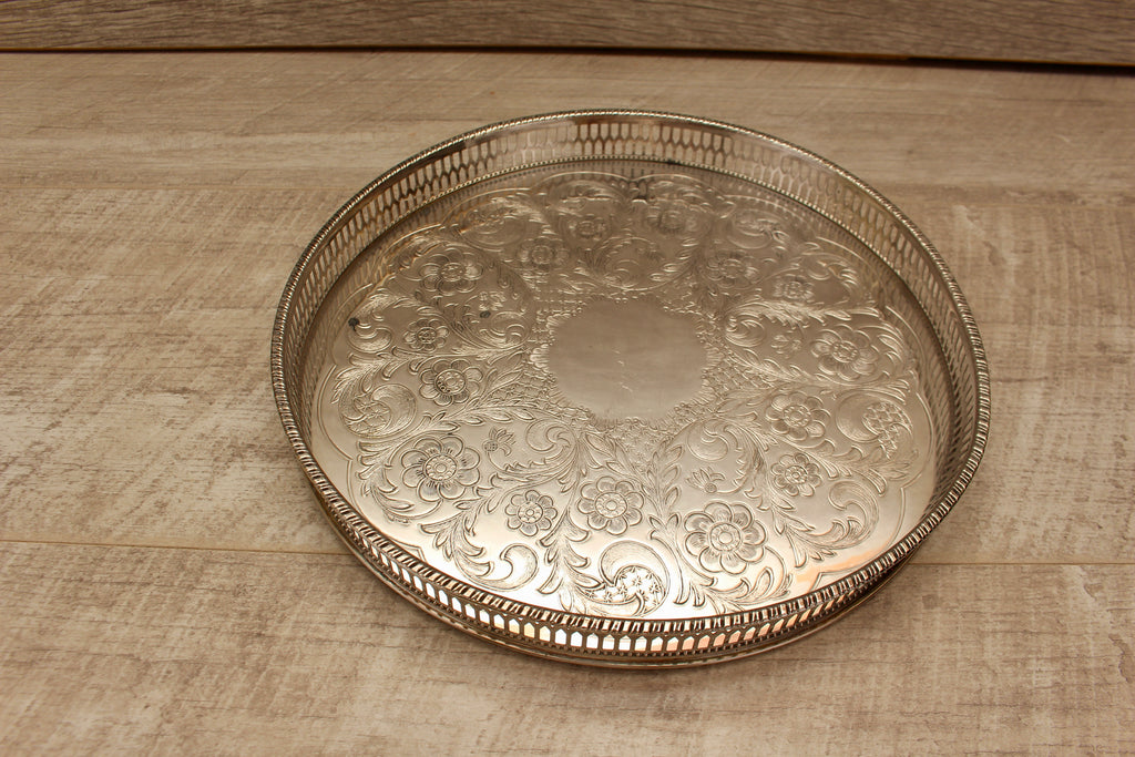 Vintage Viners of Sheffield Alpha Plate Gallery Tray Floral Chased Drinks Salver