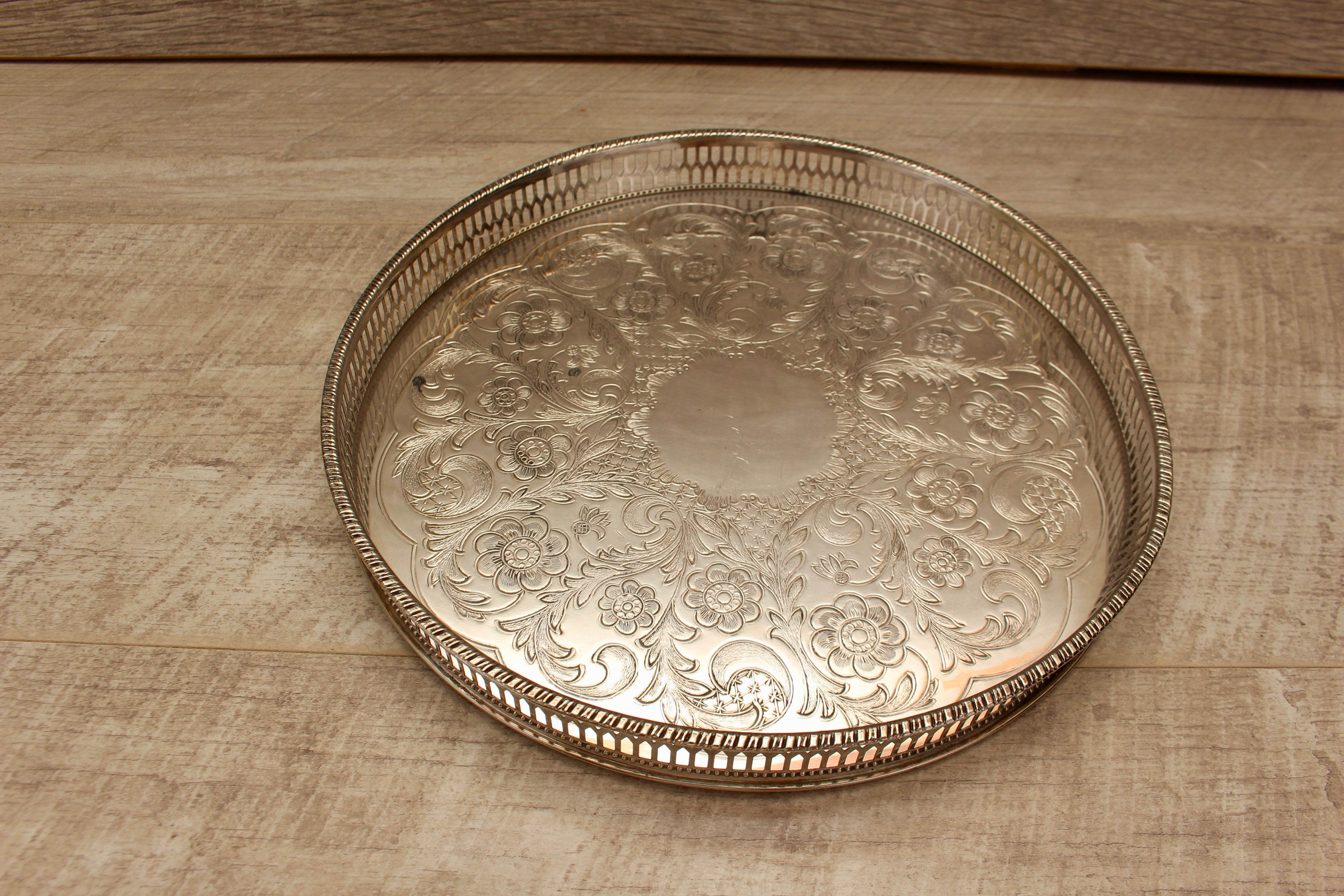 Vintage Viners of Sheffield Alpha Plate Gallery Tray Floral Chased Drinks Salver