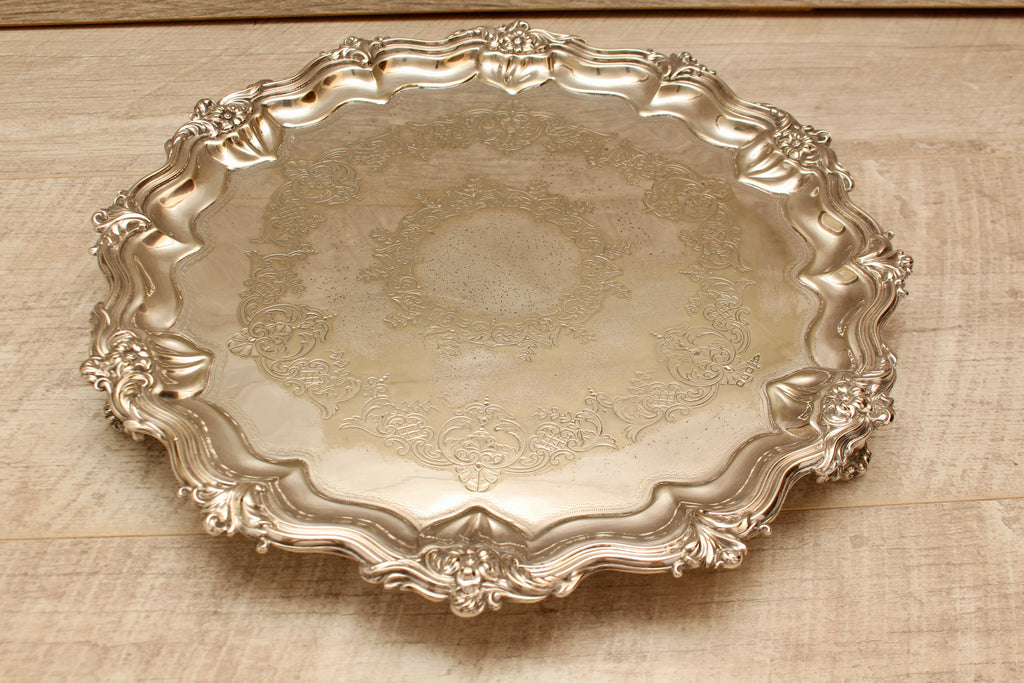 Vintage Walker & Hall Sheffield Silver Plated Footed Salver Tray Ornate 12" W&H