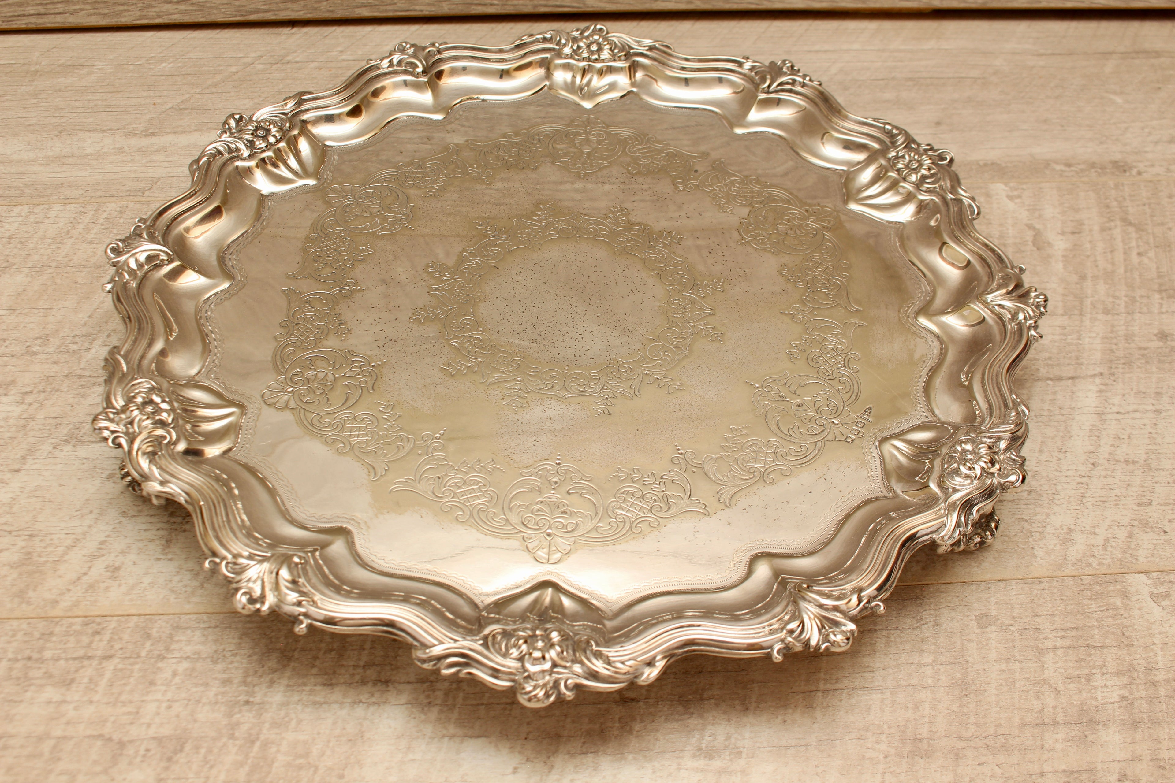 Vintage Walker & Hall Sheffield Silver Plated Footed Salver Tray Ornate 12" W&H