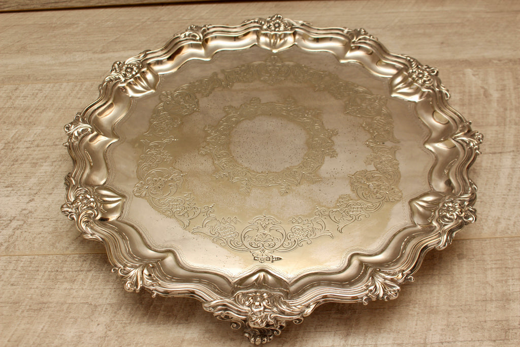 Vintage Walker & Hall Sheffield Silver Plated Footed Salver Tray Ornate 12" W&H
