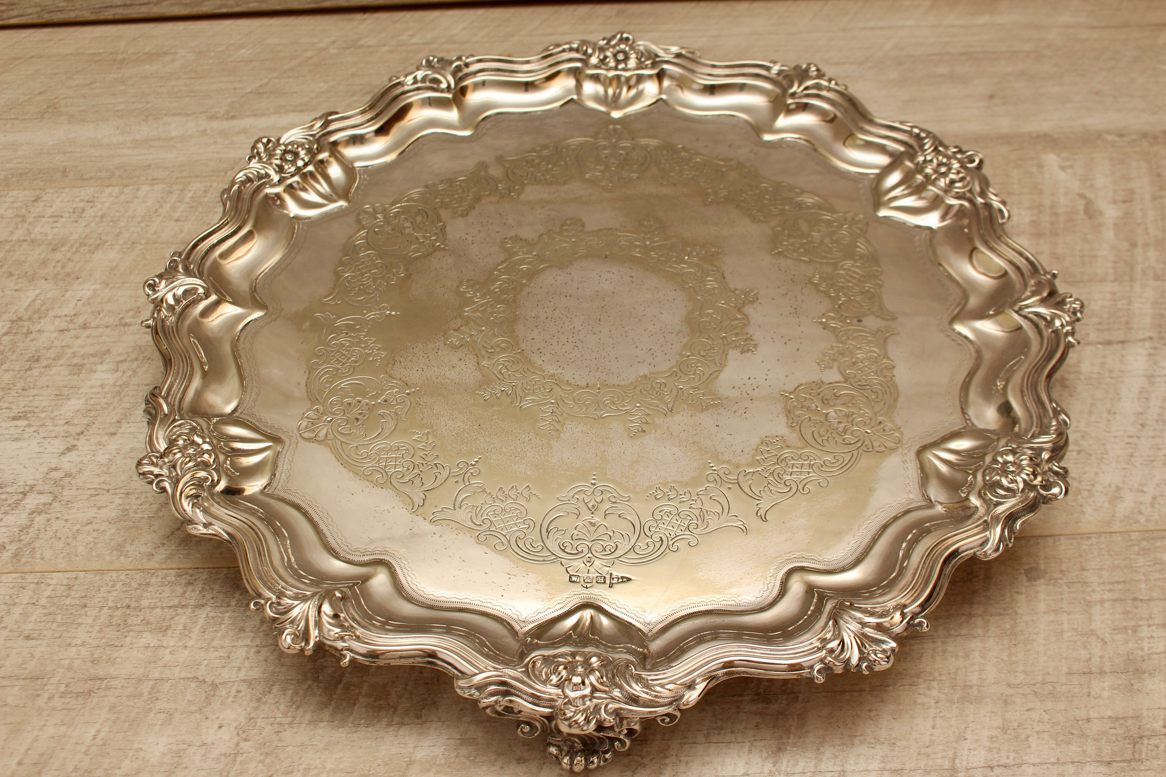 Vintage Walker & Hall Sheffield Silver Plated Footed Salver Tray Ornate 12" W&H