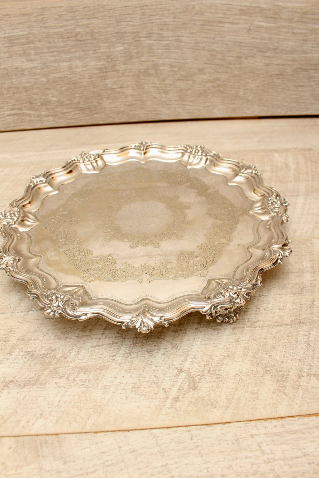 Vintage Walker & Hall Sheffield Silver Plated Footed Salver Tray Ornate 12" W&H