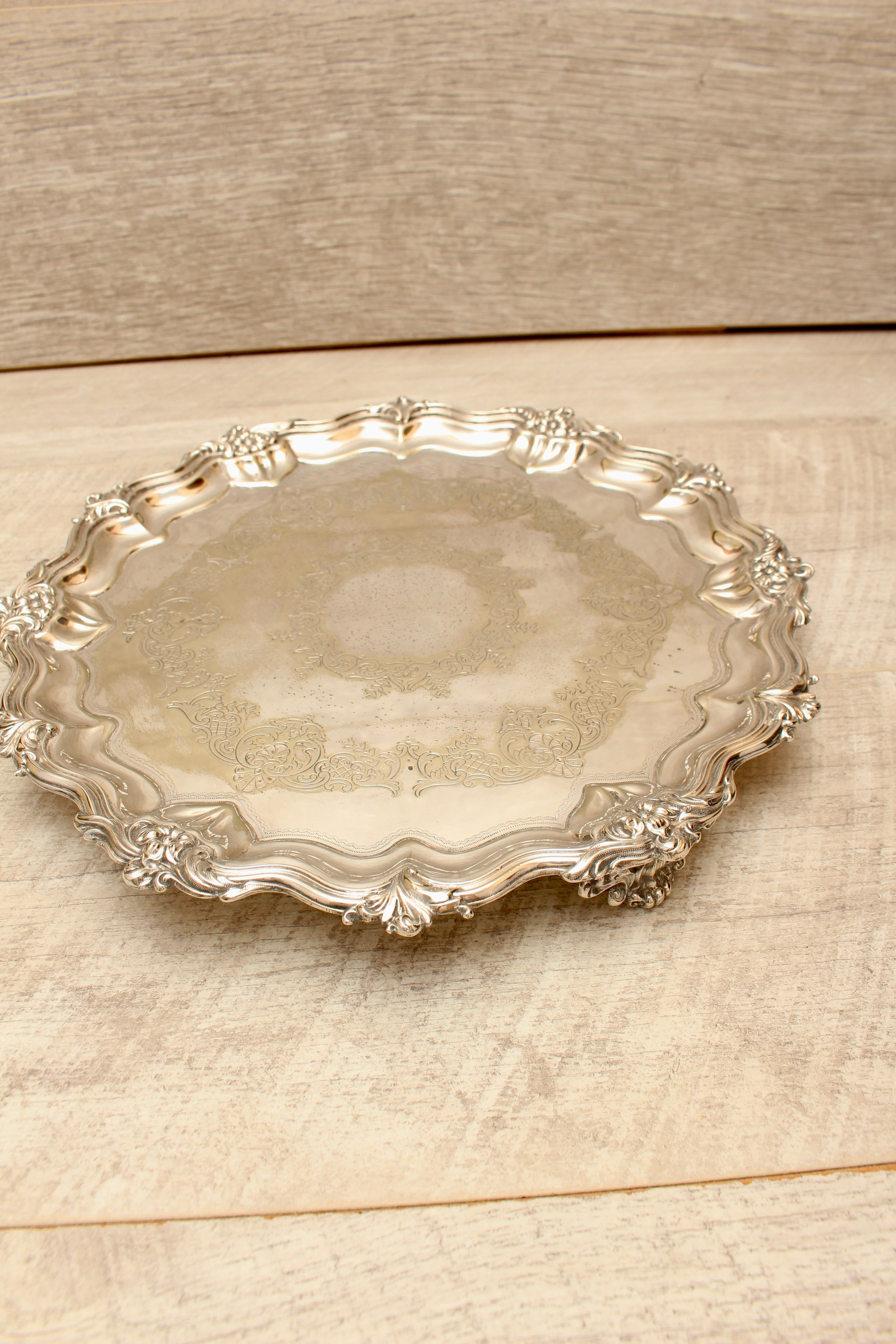 Vintage Walker & Hall Sheffield Silver Plated Footed Salver Tray Ornate 12" W&H