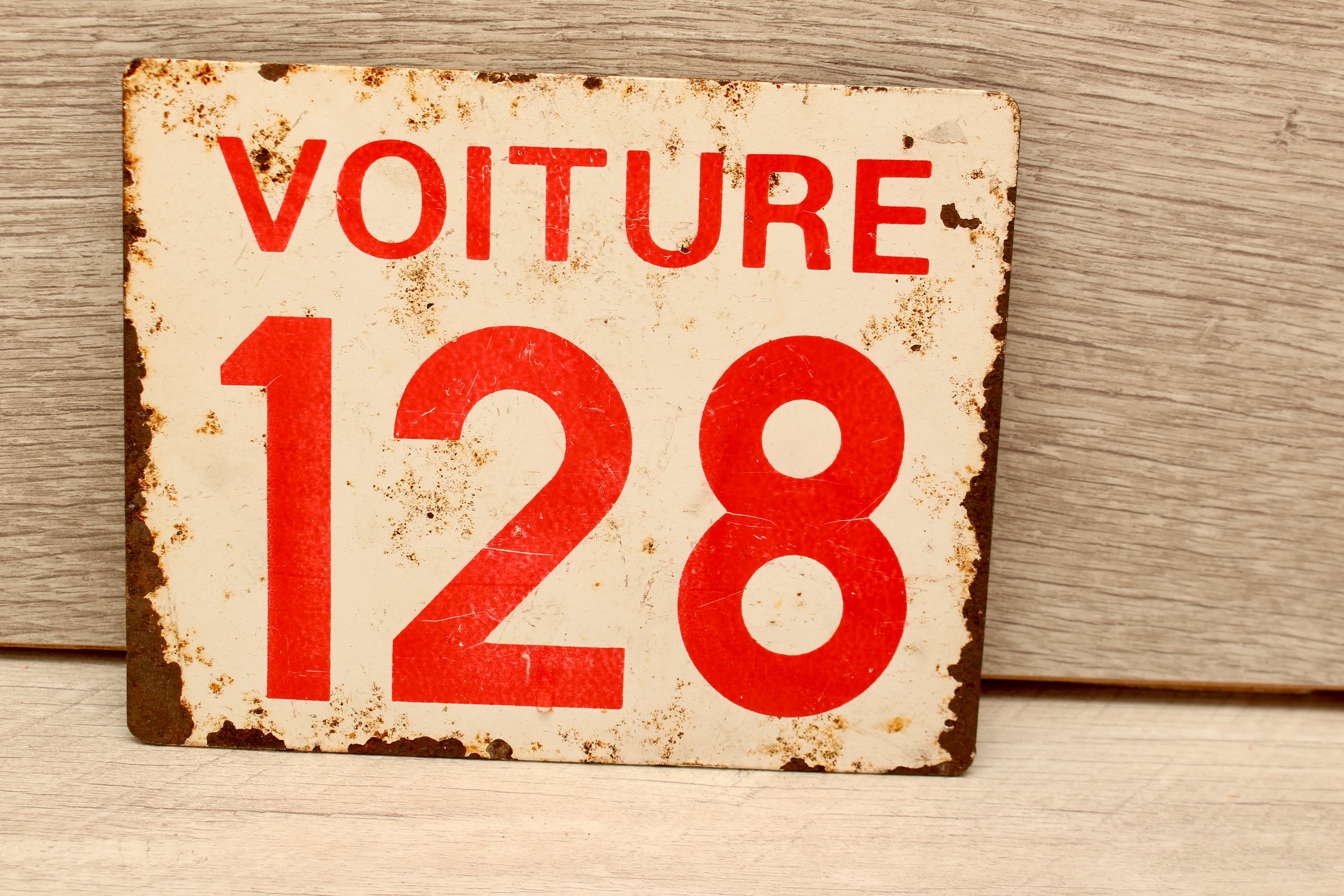 Vintage French Train Enamel Sign Voiture 128 SNCF Landy Detling Plaque