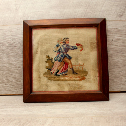 Antique Edwardian Wool Petit Point Framed Textile Art c1900 Georgian Style Courting Scene