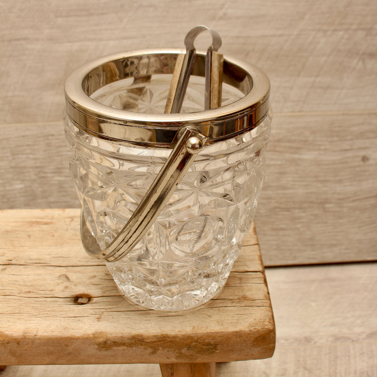 Vintage Molded Pressed Glass Ice Bucket with Tongs - Retro Barware Display