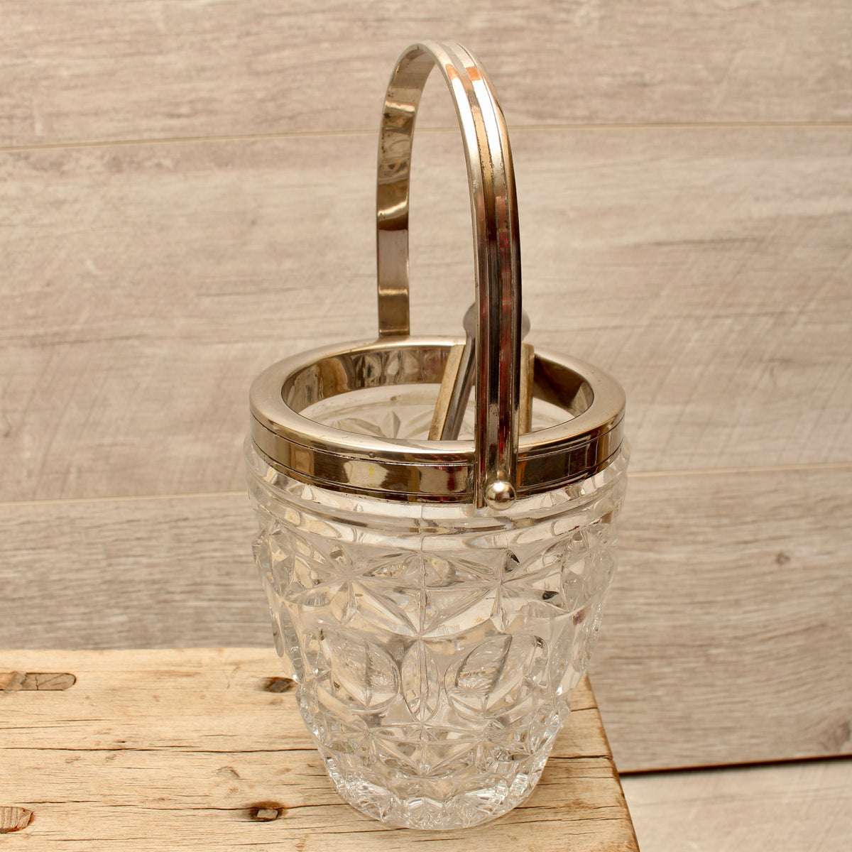 Vintage Molded Pressed Glass Ice Bucket with Tongs - Retro Barware Display