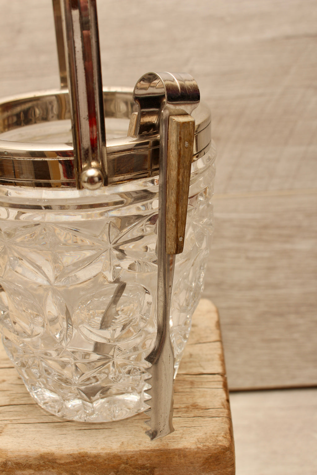 Vintage Molded Pressed Glass Ice Bucket with Tongs - Retro Barware Display