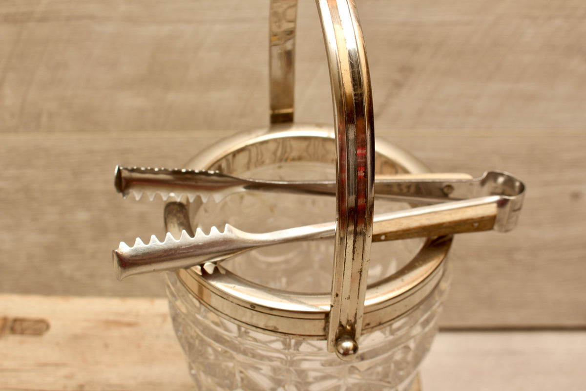 Vintage Molded Pressed Glass Ice Bucket with Tongs - Retro Barware Display