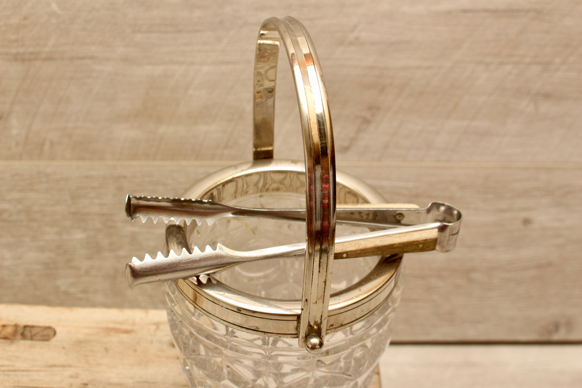 Vintage Molded Pressed Glass Ice Bucket with Tongs - Retro Barware Display