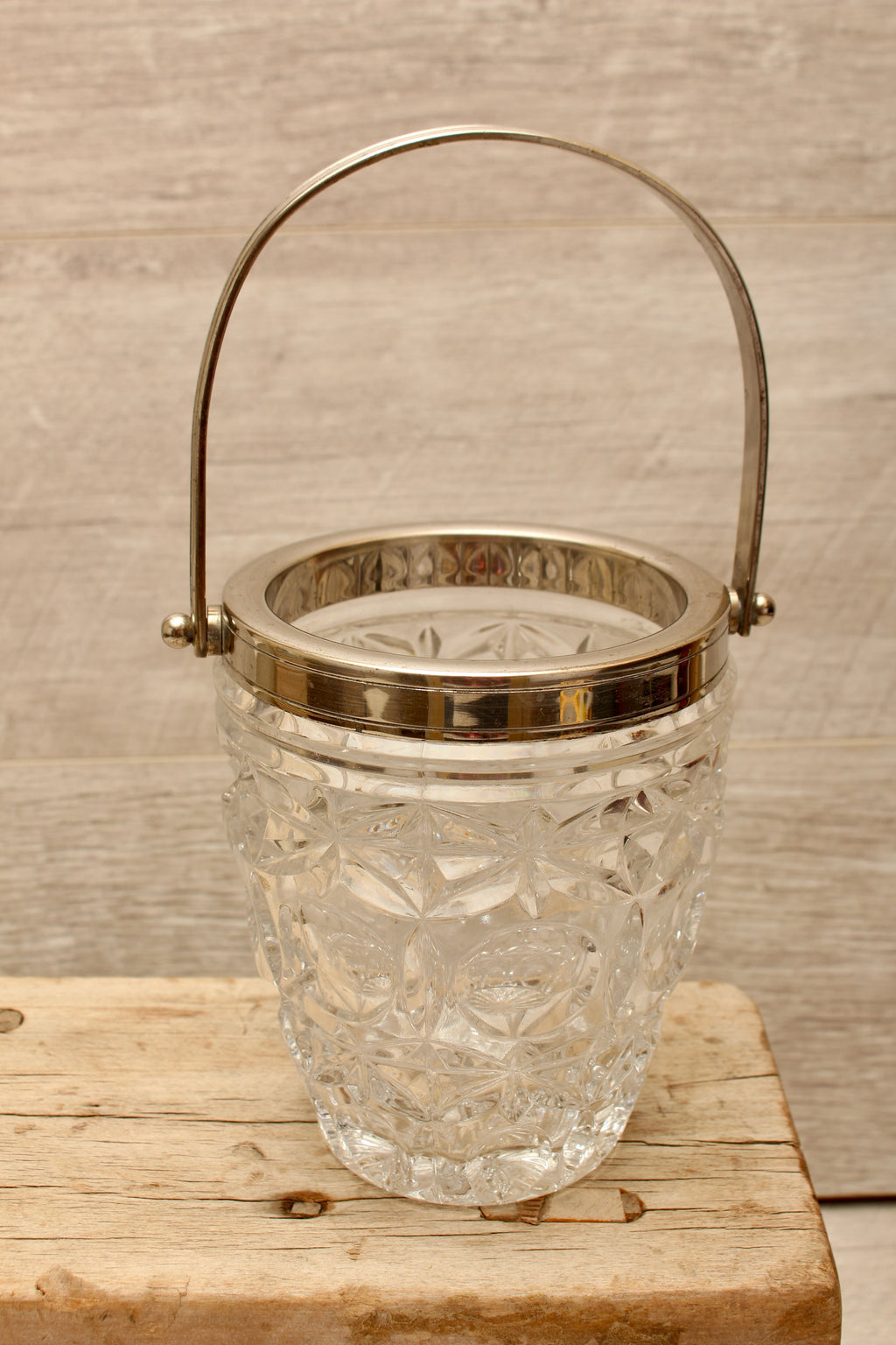 Vintage Molded Pressed Glass Ice Bucket with Tongs - Retro Barware Display