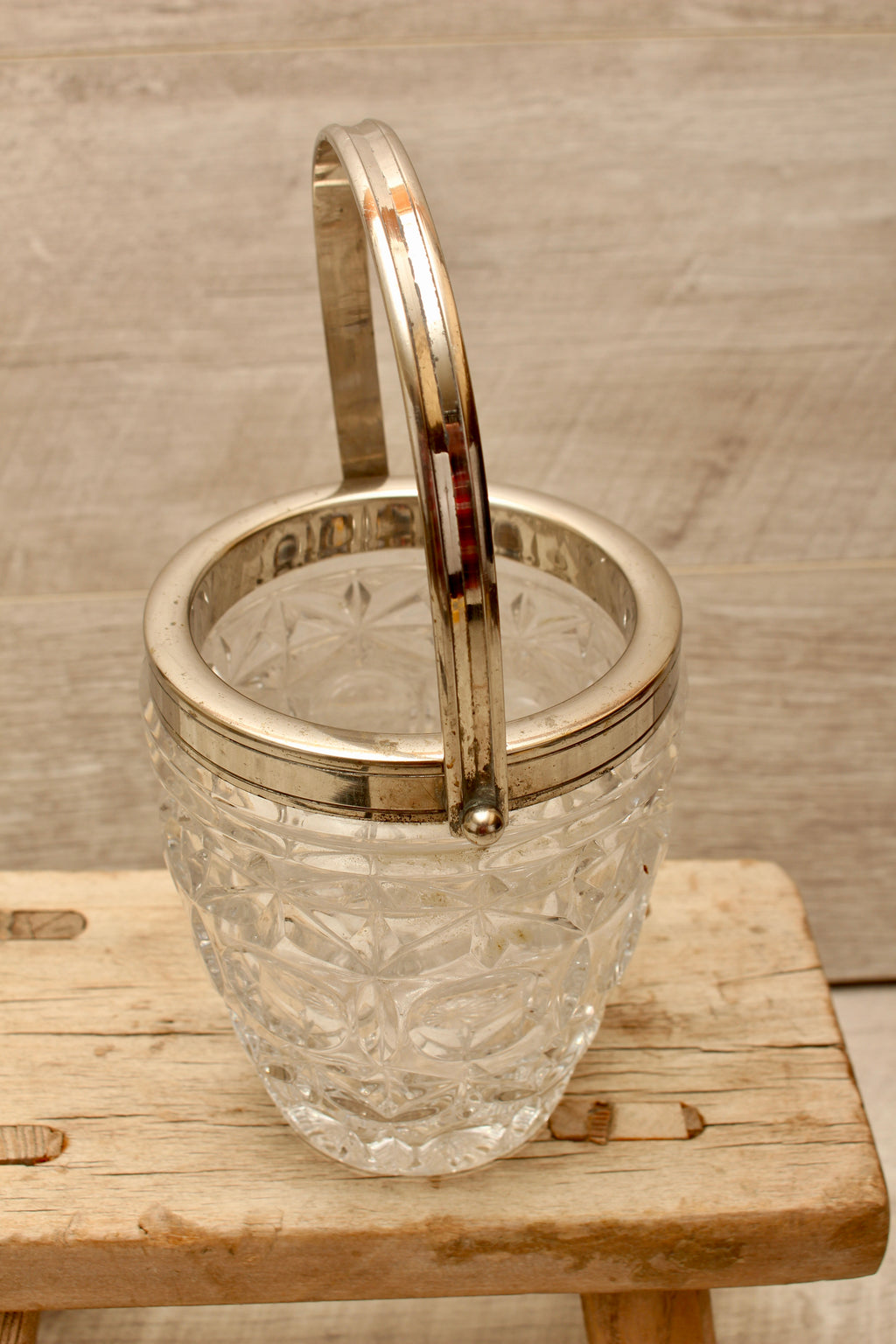 Vintage Molded Pressed Glass Ice Bucket with Tongs - Retro Barware Display
