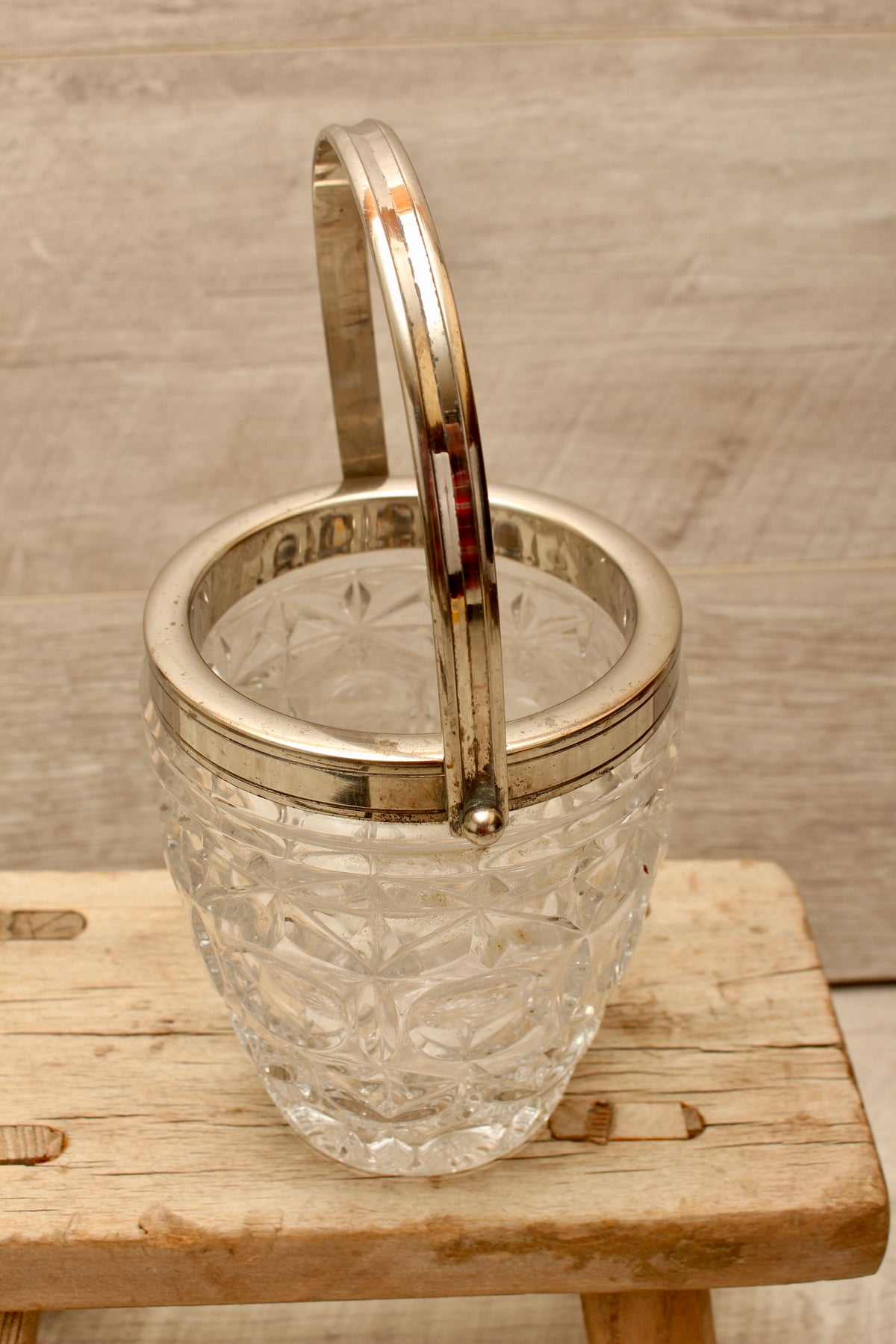 Vintage Molded Pressed Glass Ice Bucket with Tongs - Retro Barware Display