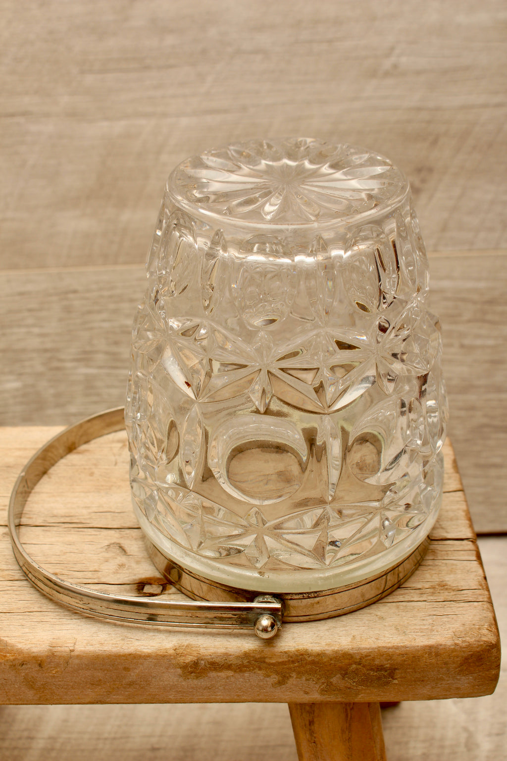 Vintage Molded Pressed Glass Ice Bucket with Tongs - Retro Barware Display