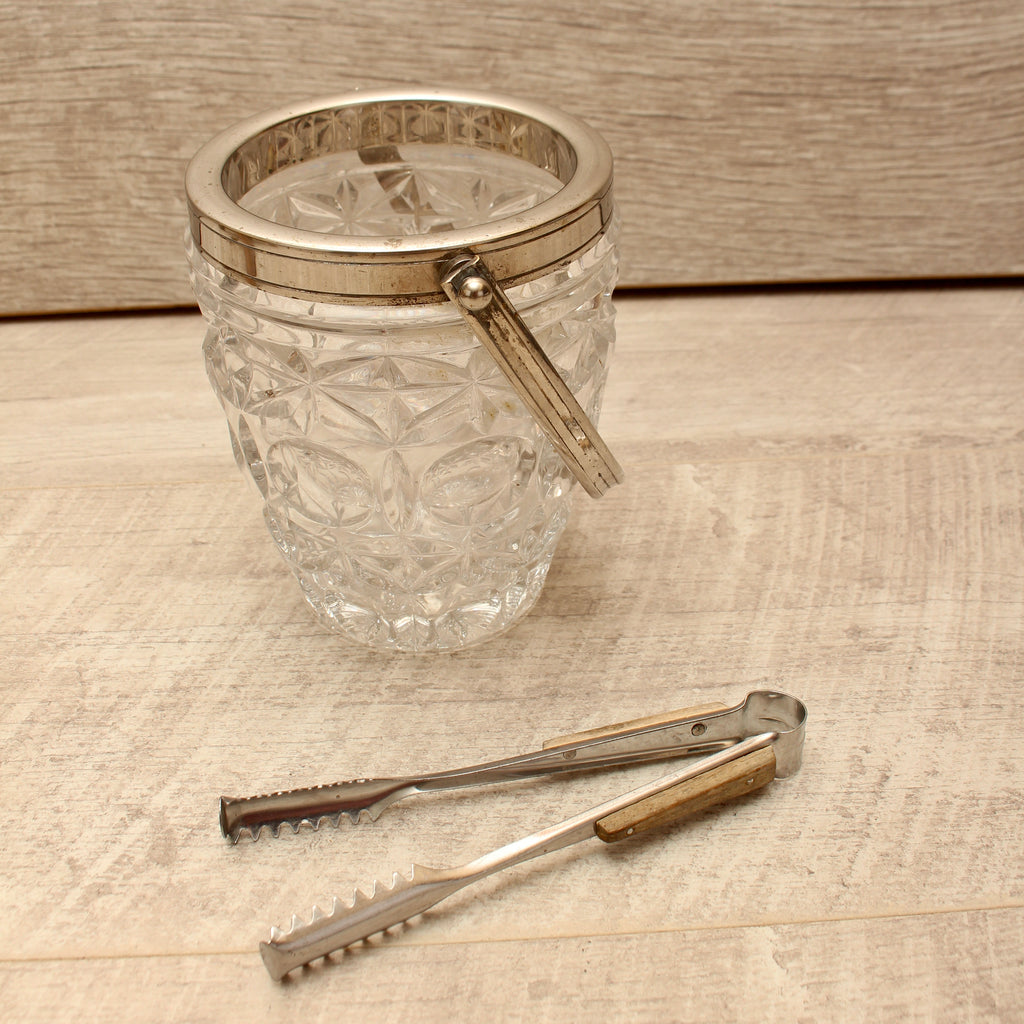Vintage Molded Pressed Glass Ice Bucket with Tongs - Retro Barware Display