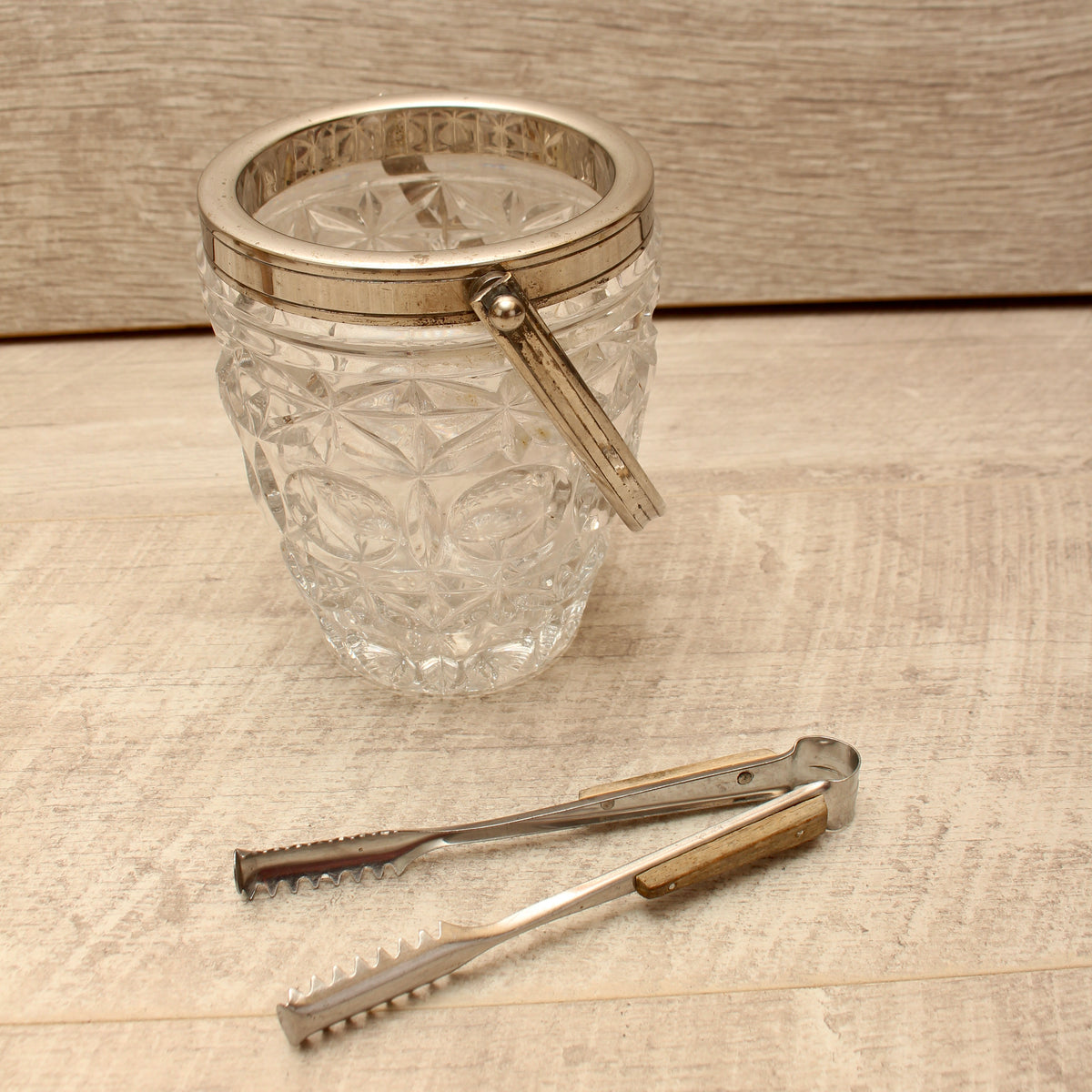 Vintage Molded Pressed Glass Ice Bucket with Tongs - Retro Barware Display